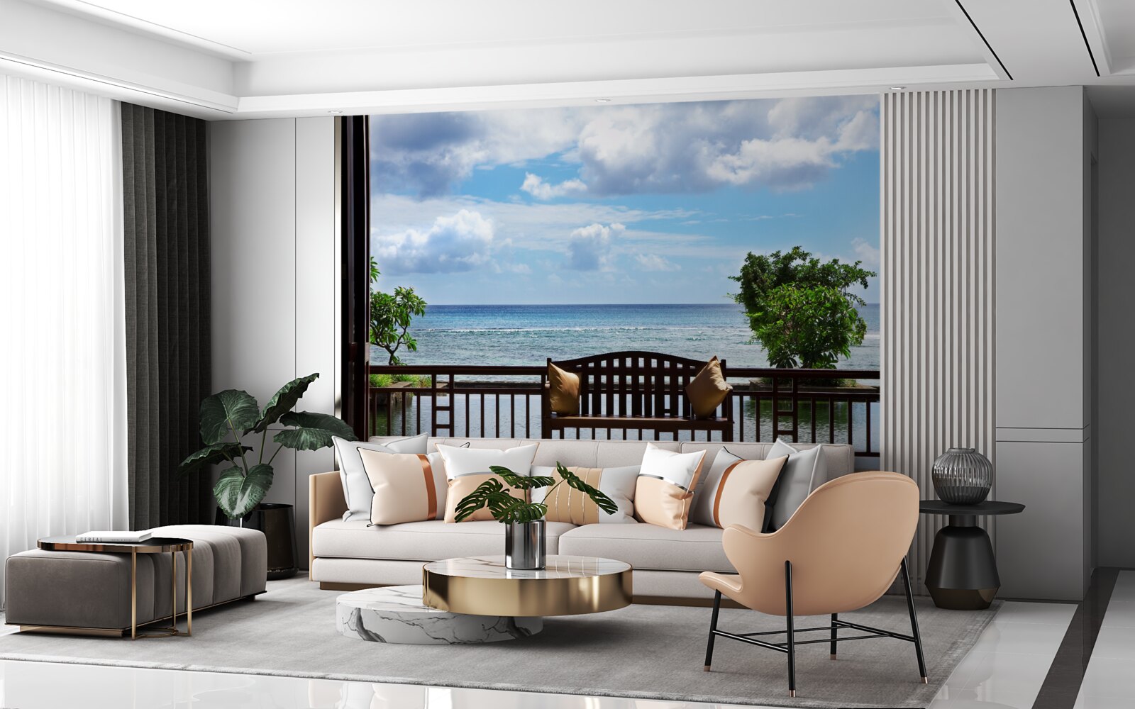 Papier peint banc confortable au bord de l'océan