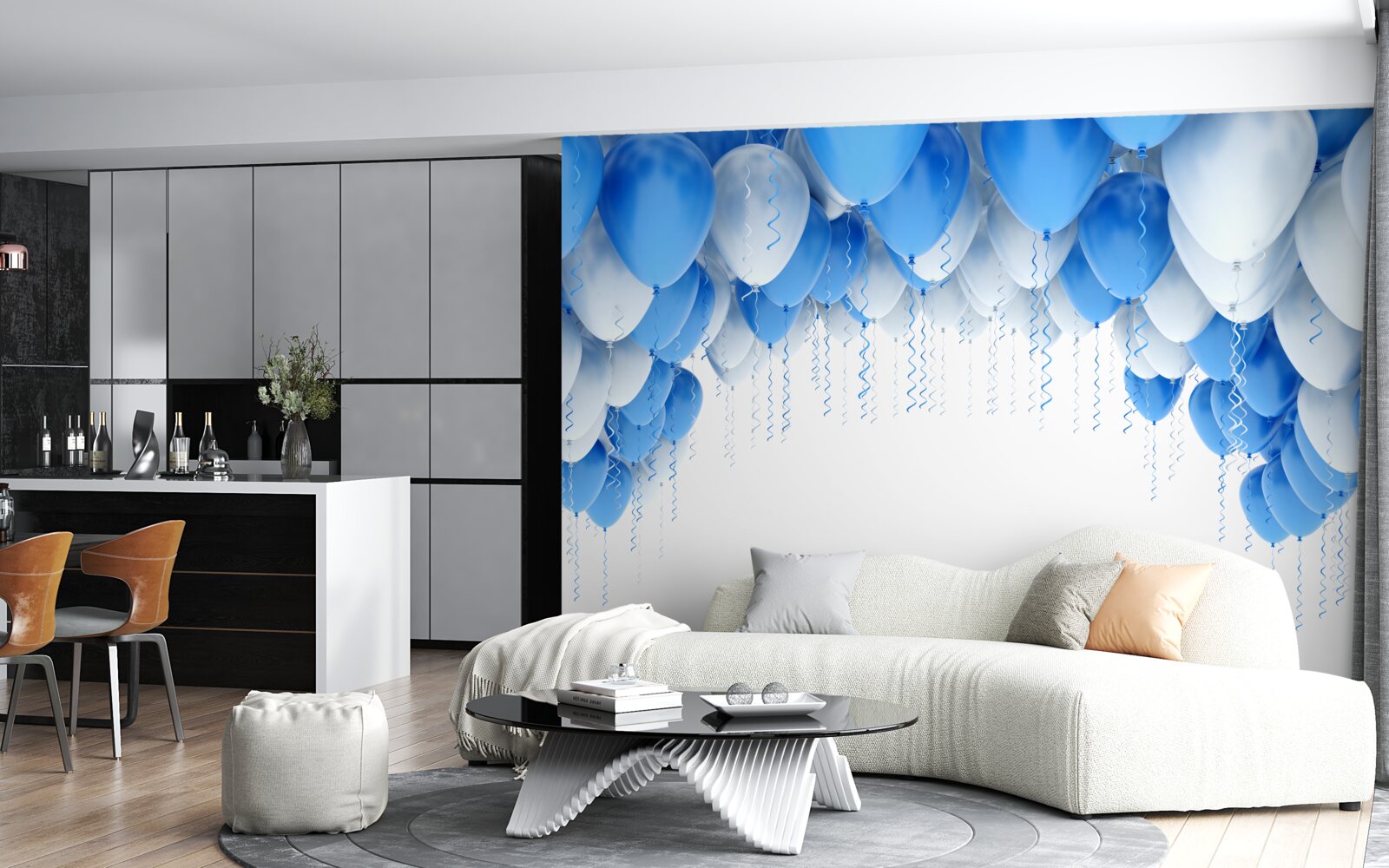 Papier peint des boules blanches et bleues flottent dans l'air