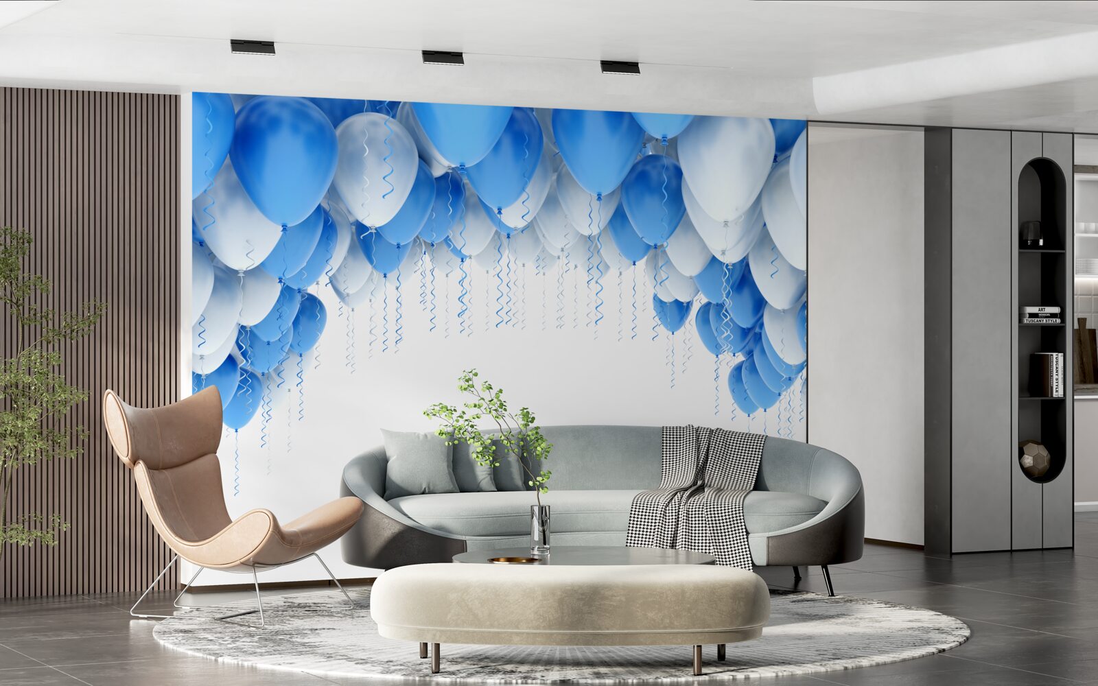 Papier peint des boules blanches et bleues flottent dans l'air