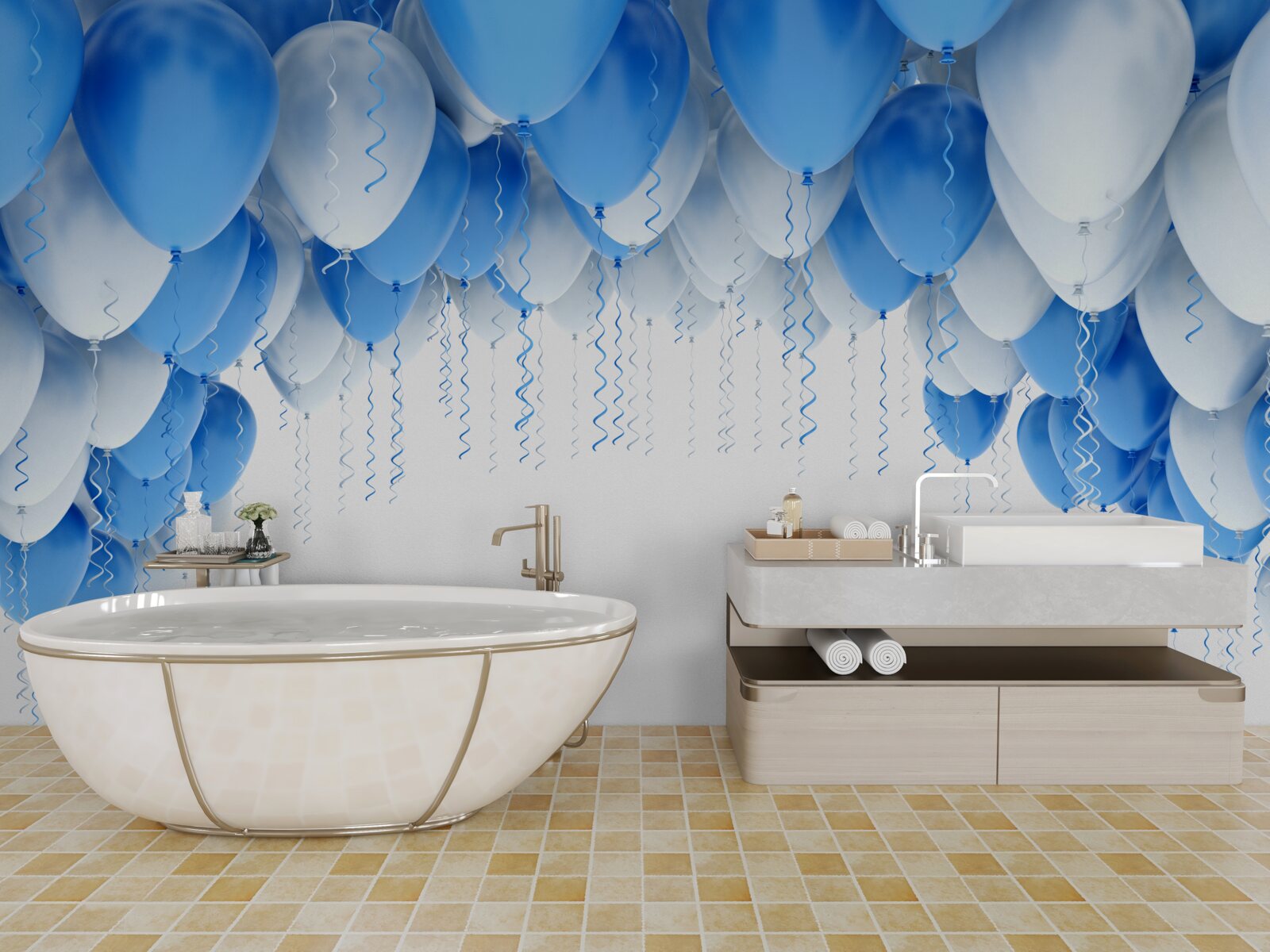 Papier peint des boules blanches et bleues flottent dans l'air