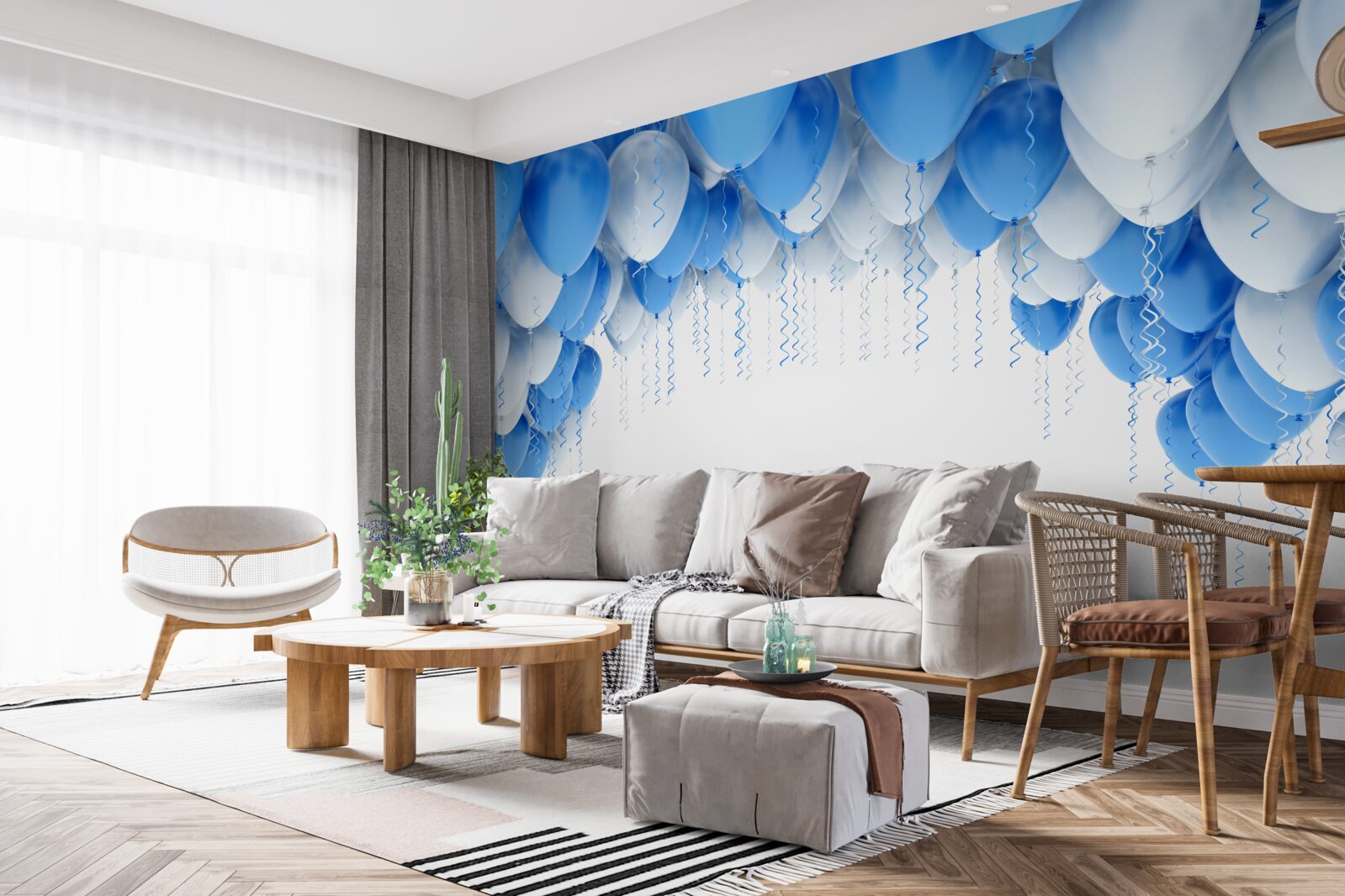 Papier peint des boules blanches et bleues flottent dans l'air