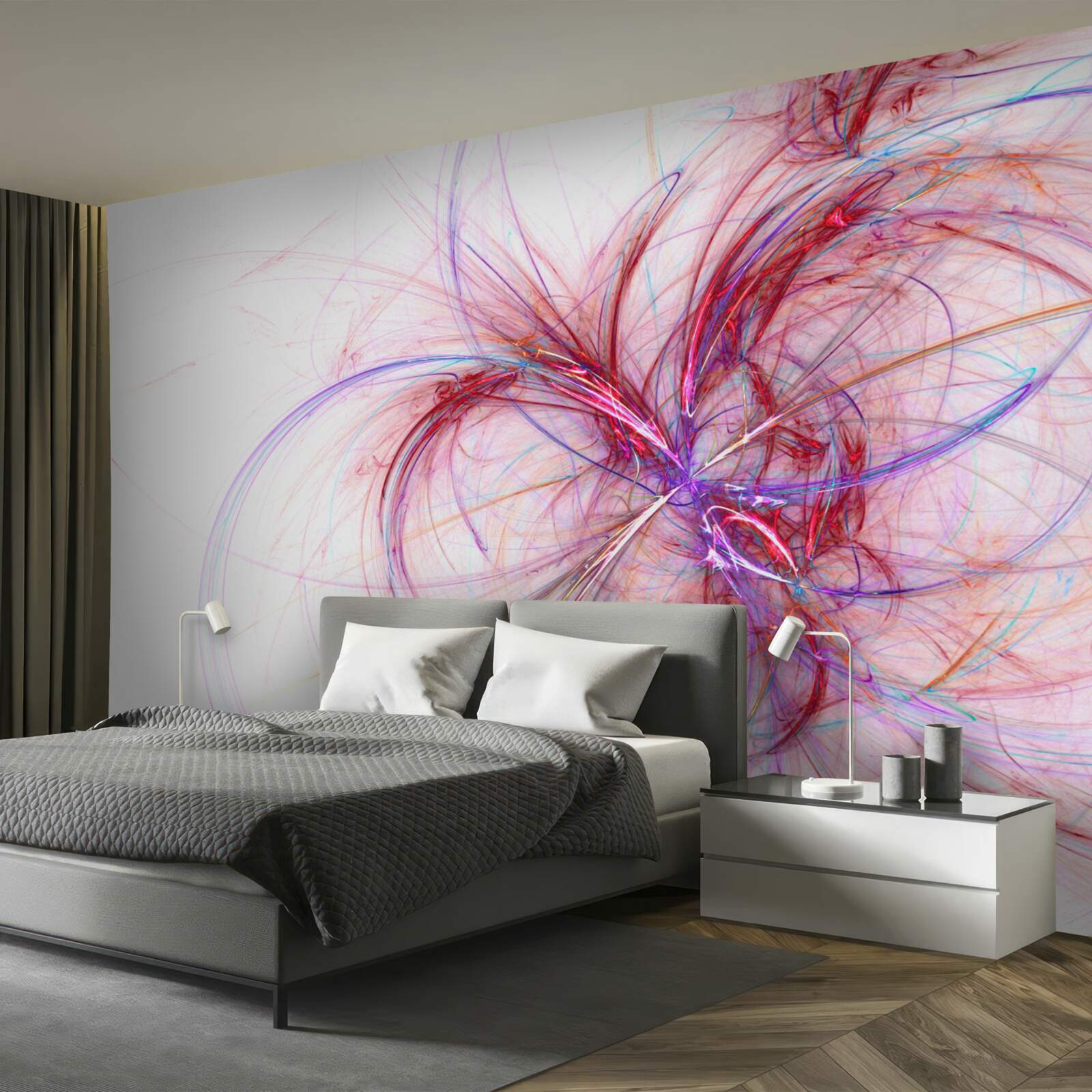 Papier peint des lignes rouges et bleues sur fond blanc, fines et gracieuses