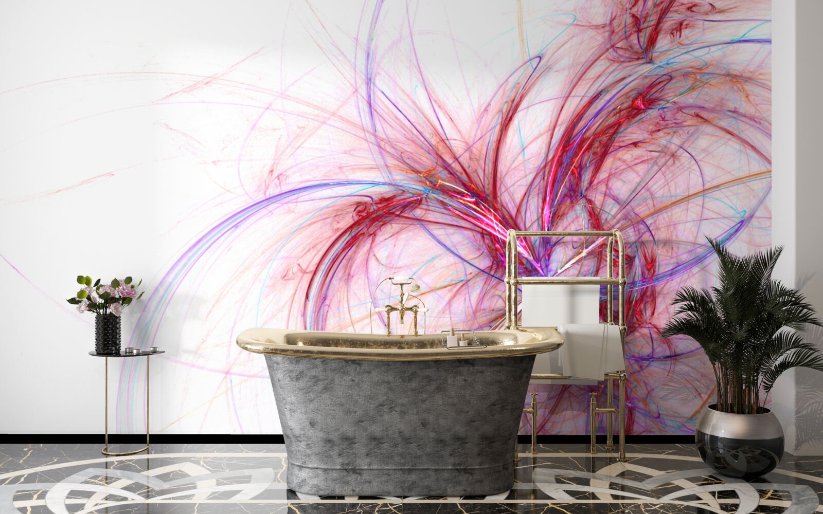 Papier peint des lignes rouges et bleues sur fond blanc, fines et gracieuses