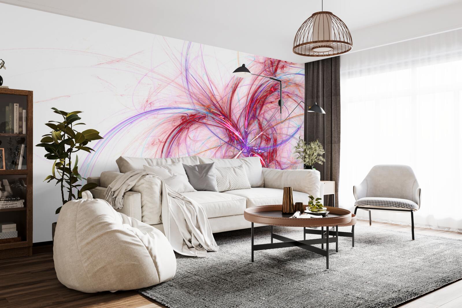 Papier peint des lignes rouges et bleues sur fond blanc, fines et gracieuses