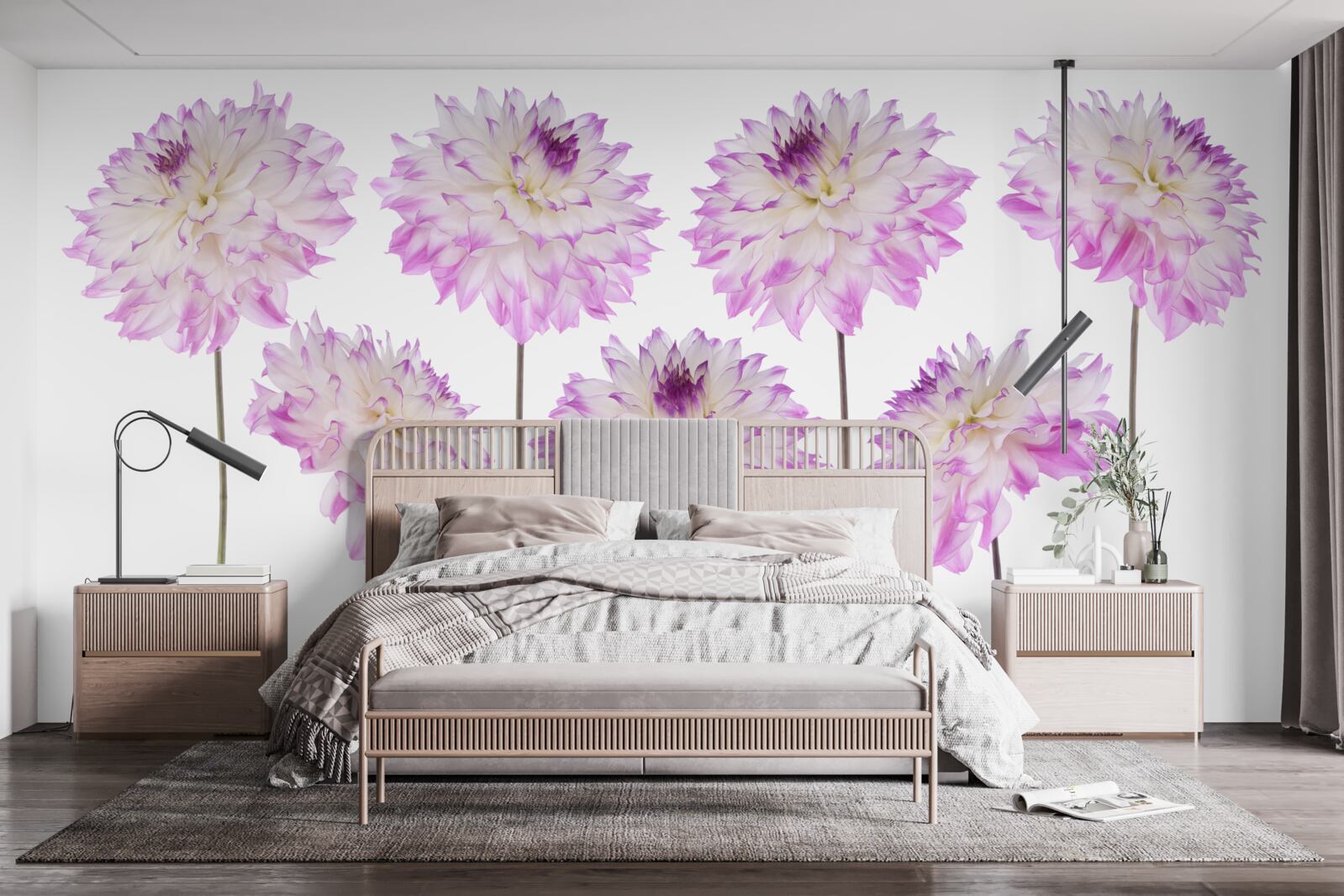 Papier peint gracieux asters blancs et roses