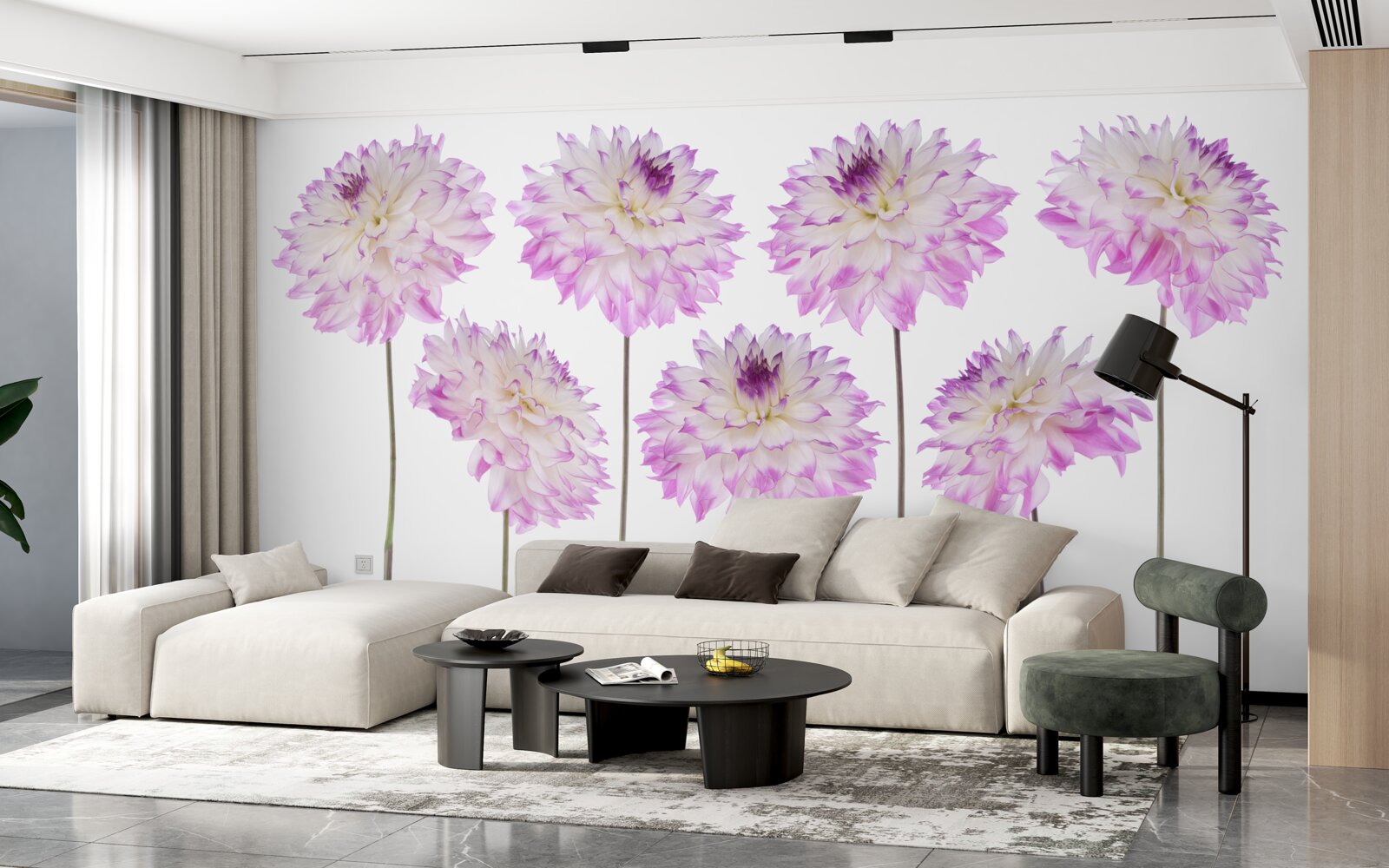 Papier peint gracieux asters blancs et roses