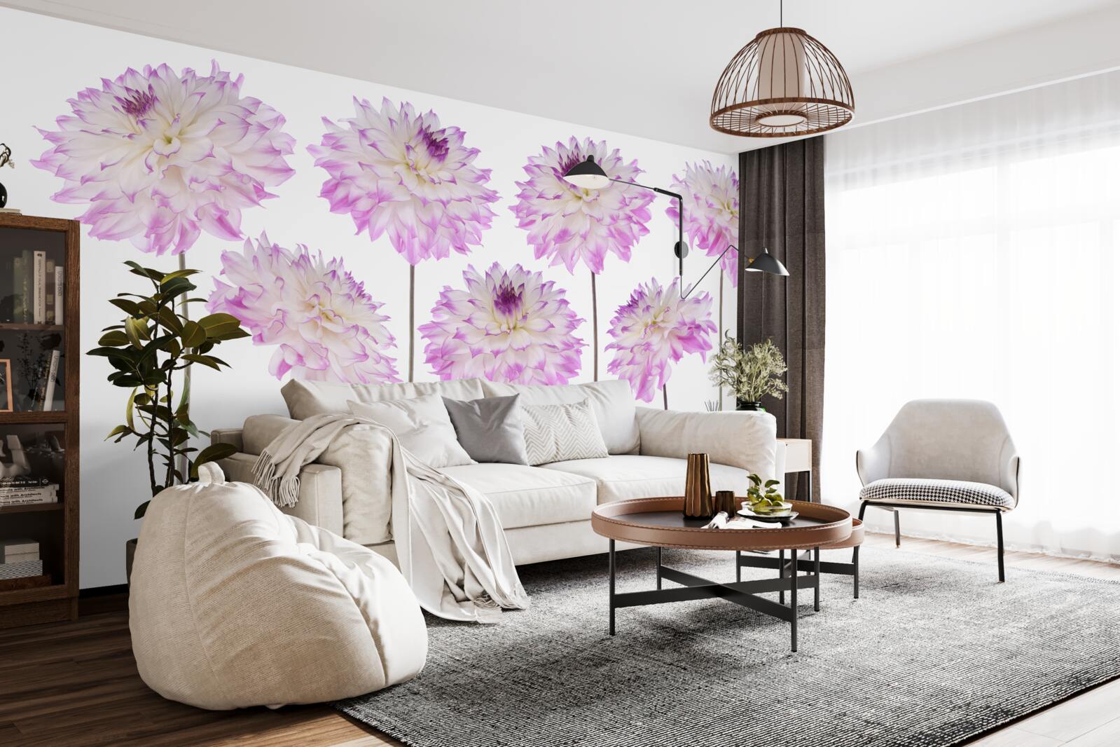 Papier peint gracieux asters blancs et roses