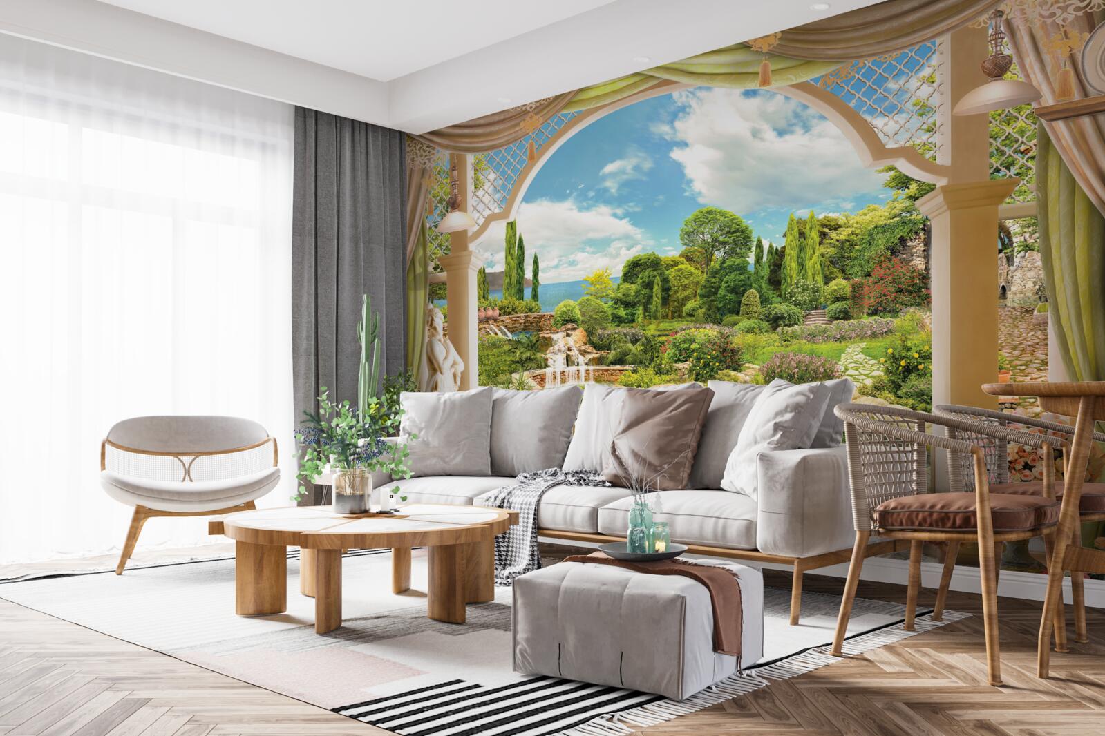 Papier peint balcon donnant sur la verdure pittoresque de la nature