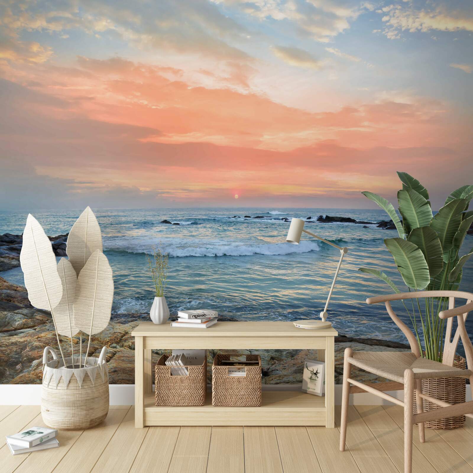 Papier peint l'océan qui s'étend jusqu'à l'horizon et un coucher de soleil rose