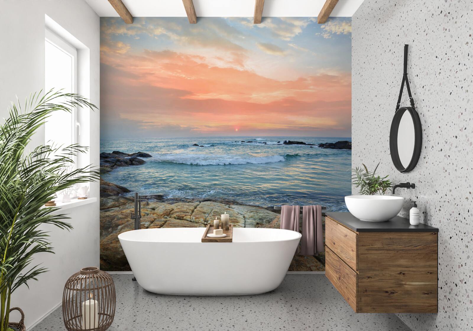 Papier peint l'océan qui s'étend jusqu'à l'horizon et un coucher de soleil rose