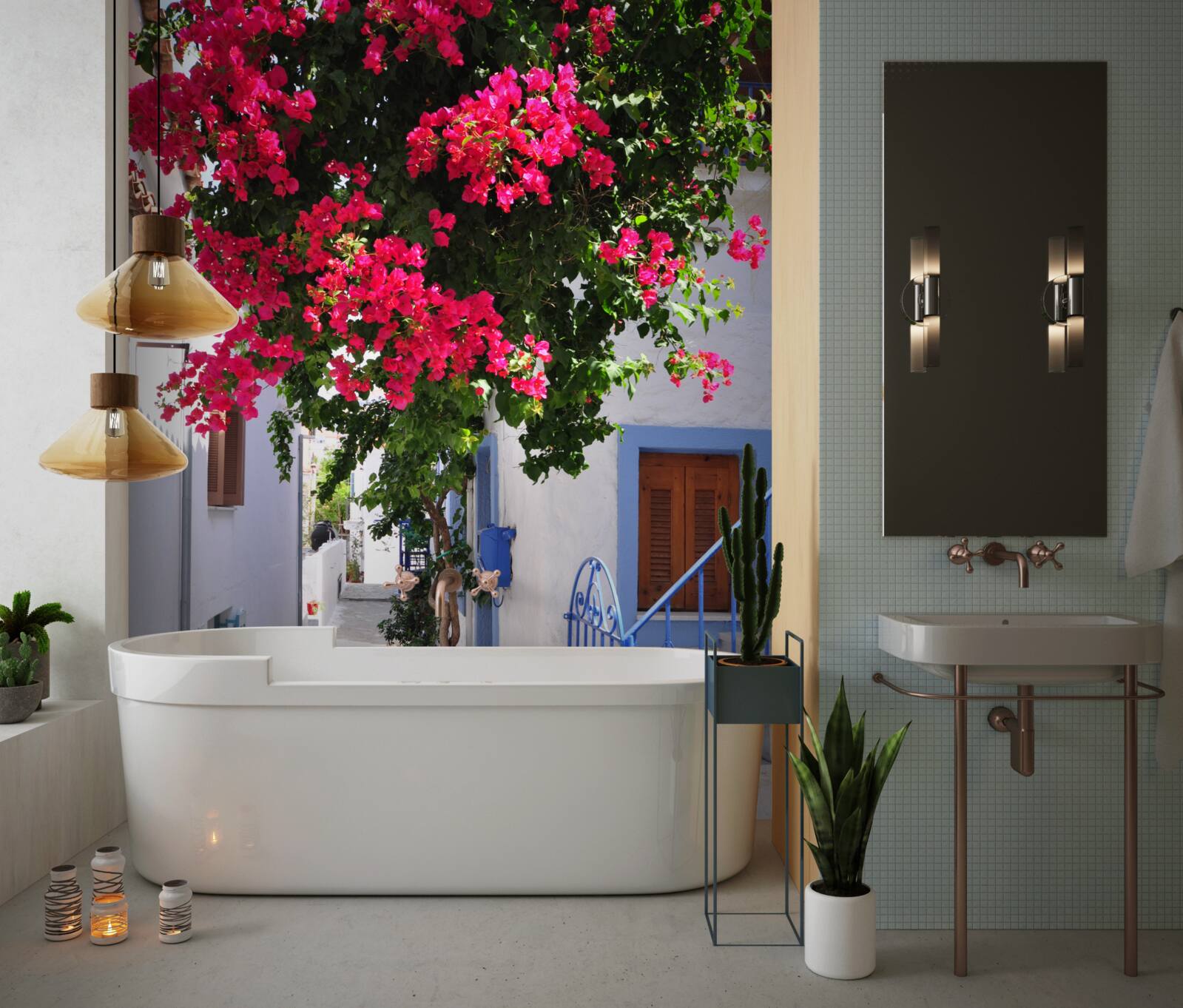 Papier peint En Grèce, les fleurs rouges poussent près des maisons blanches.