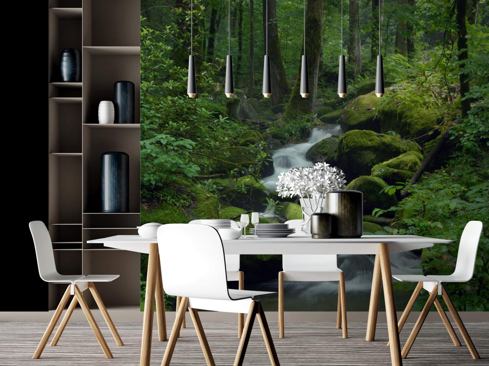 Papier peint un petit ruisseau dans le vert dense de la forêt