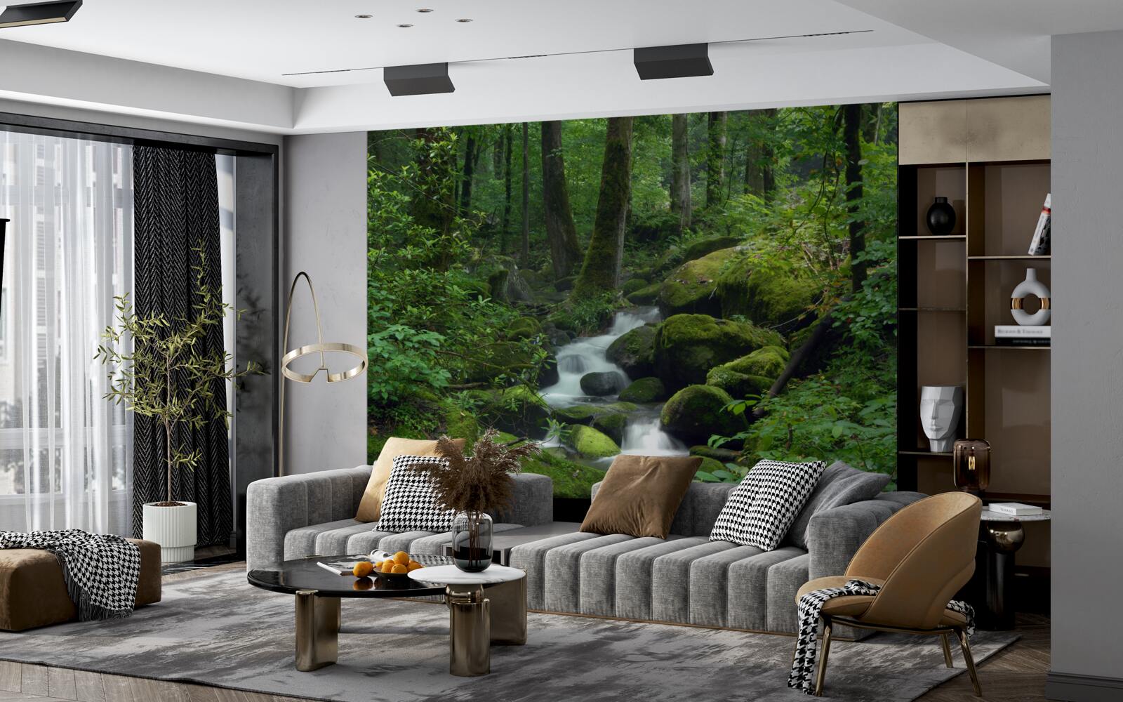 Papier peint un petit ruisseau dans le vert dense de la forêt