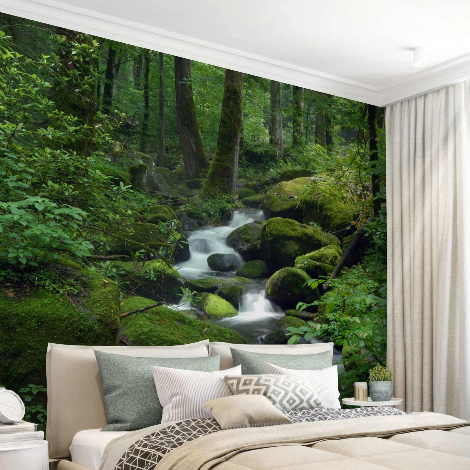 Papier peint un petit ruisseau dans le vert dense de la forêt