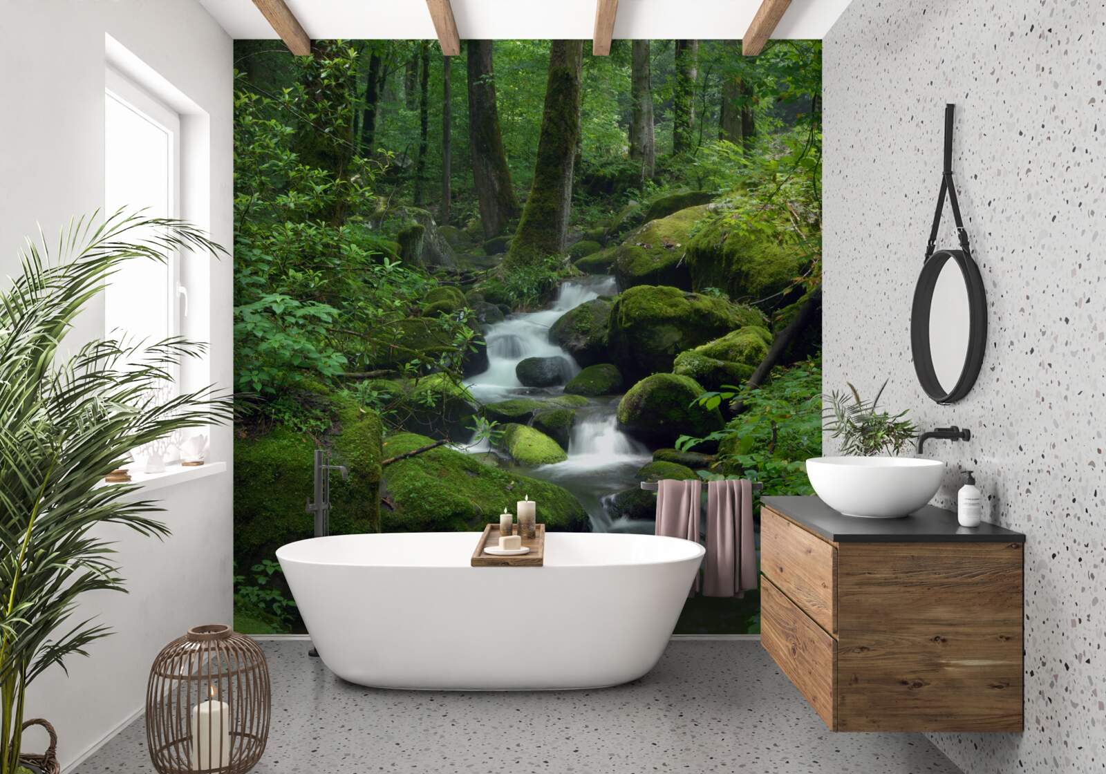 Papier peint un petit ruisseau dans le vert dense de la forêt