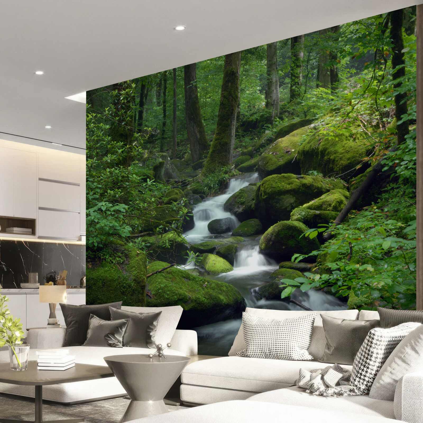 Papier peint un petit ruisseau dans le vert dense de la forêt