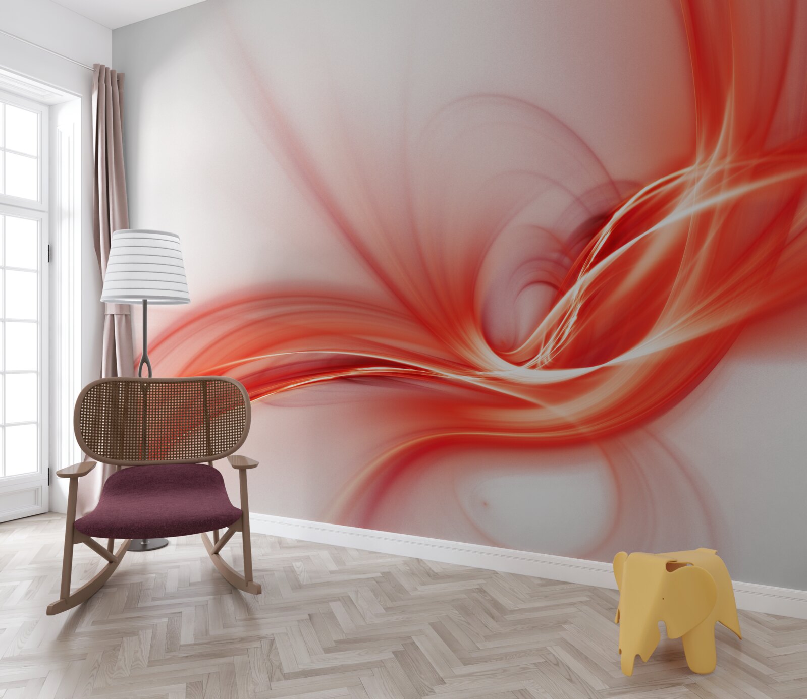 Papier peint motif rouge sur fond blanc de soie