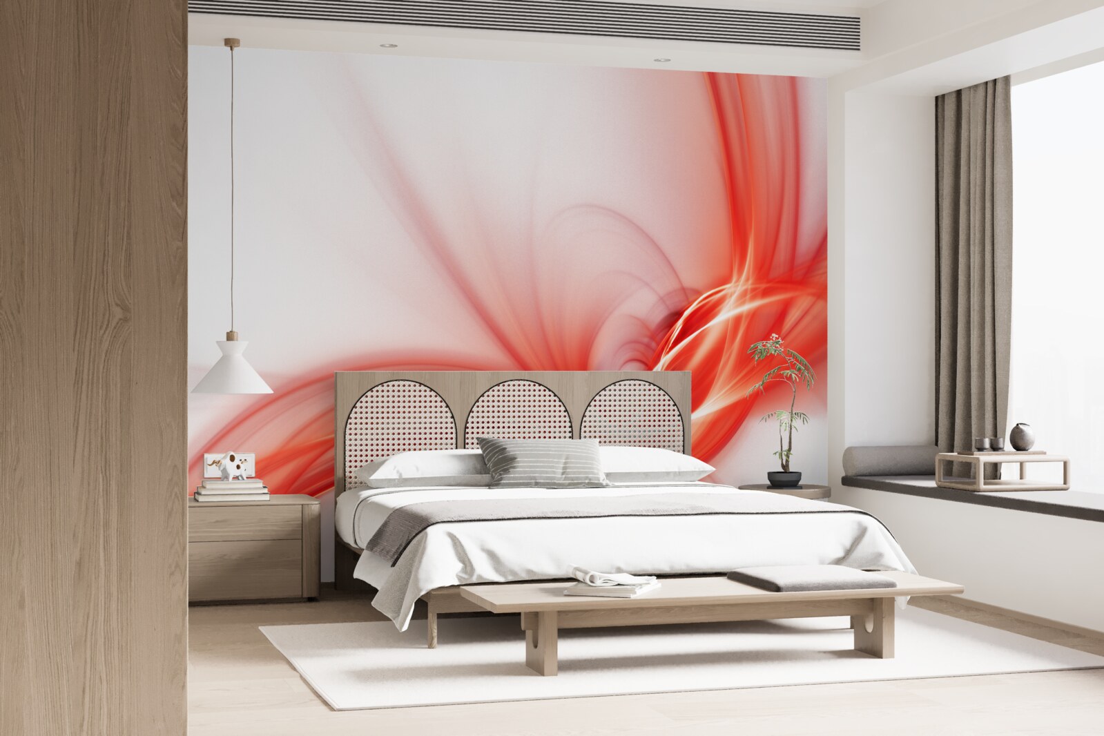 Papier peint motif rouge sur fond blanc de soie