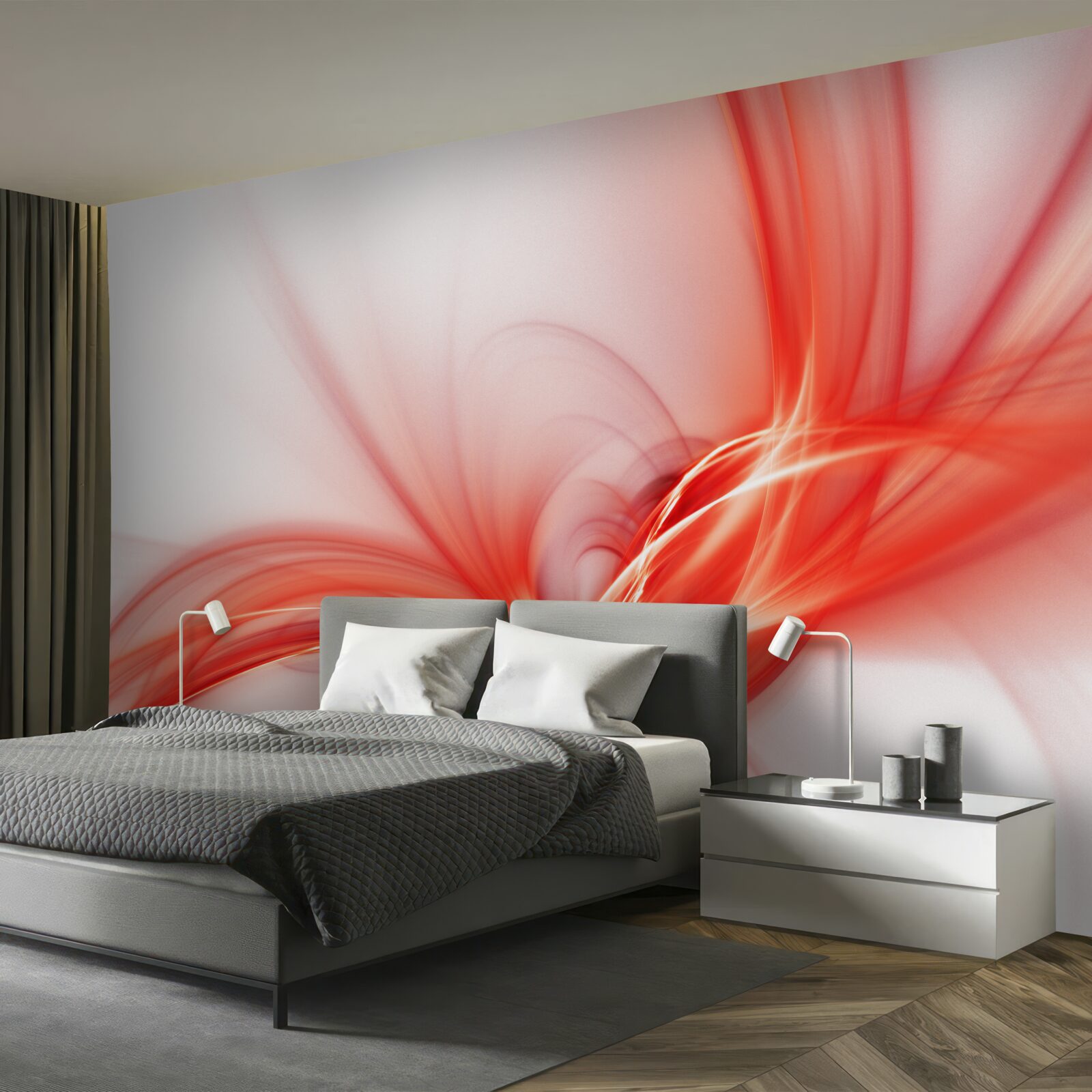 Papier peint motif rouge sur fond blanc de soie