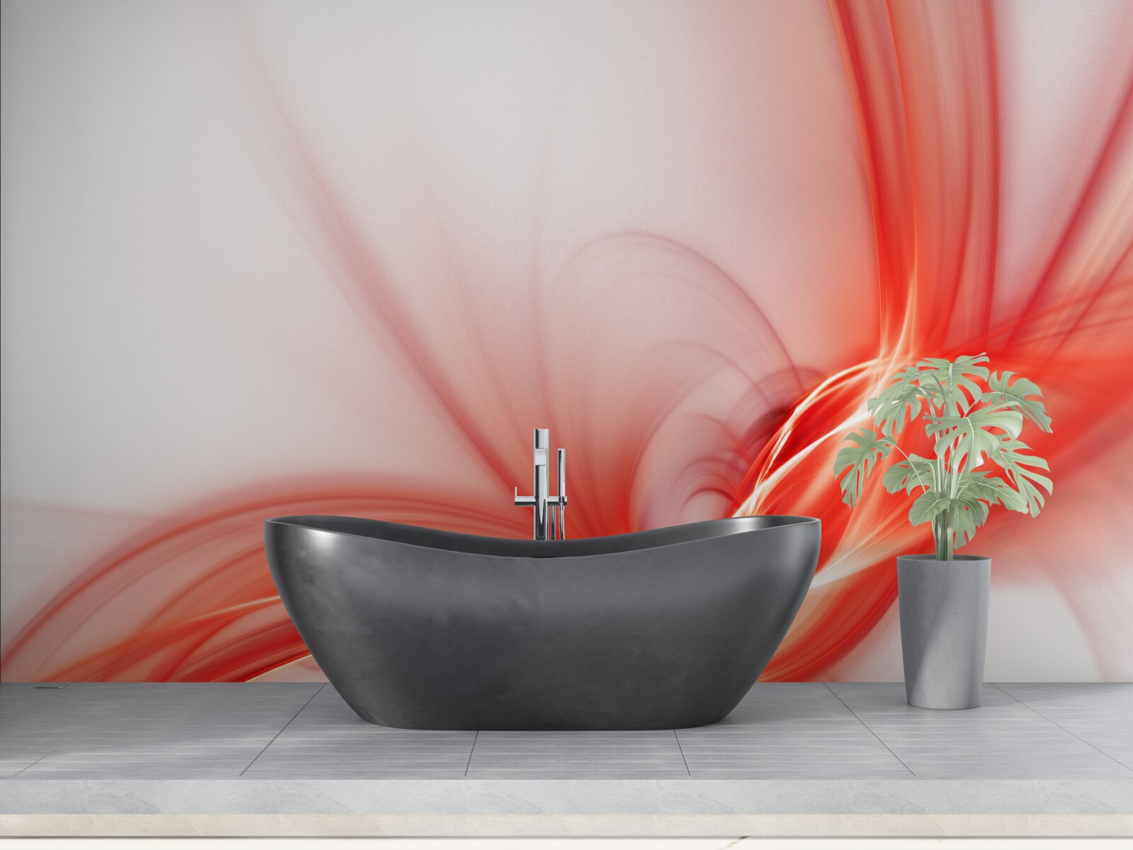 Papier peint motif rouge sur fond blanc de soie