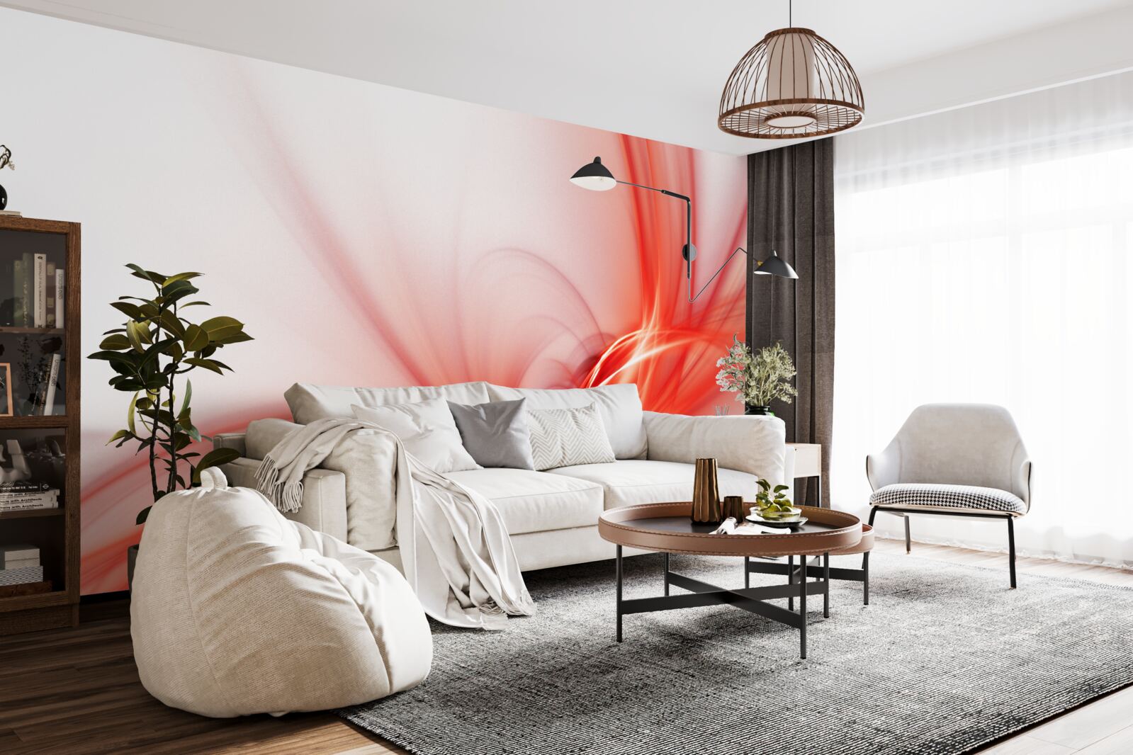 Papier peint motif rouge sur fond blanc de soie