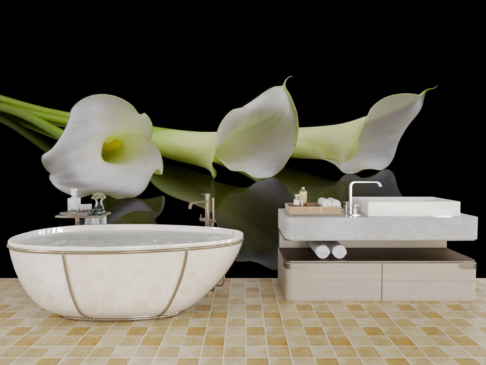 Papier peint lis calla se reflétant dans l'eau