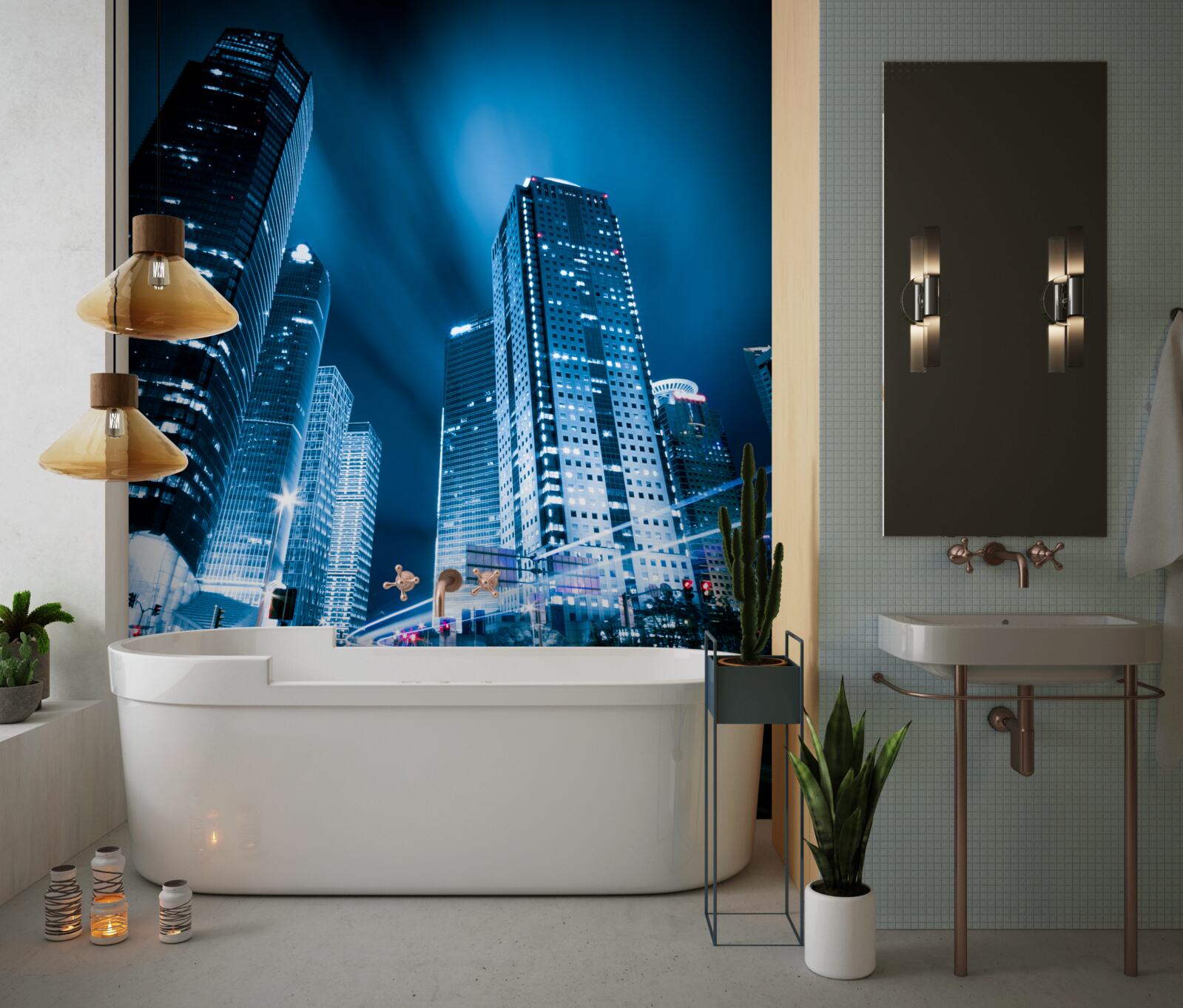 Papier peint les gratte-ciel de la ville s'illuminent de lumières colorées