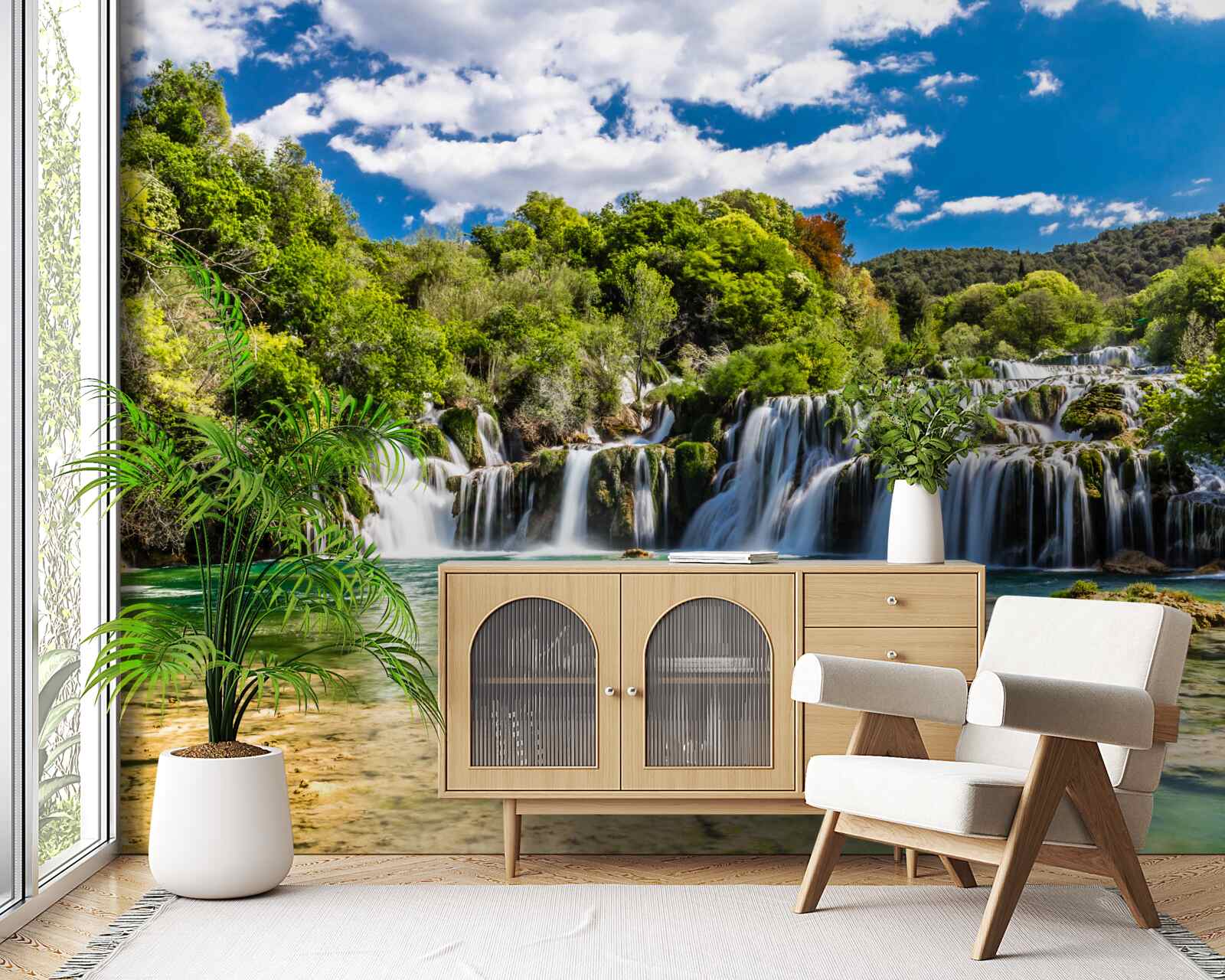 Papier peint chute d'eau en plusieurs cascades avec espaces verts