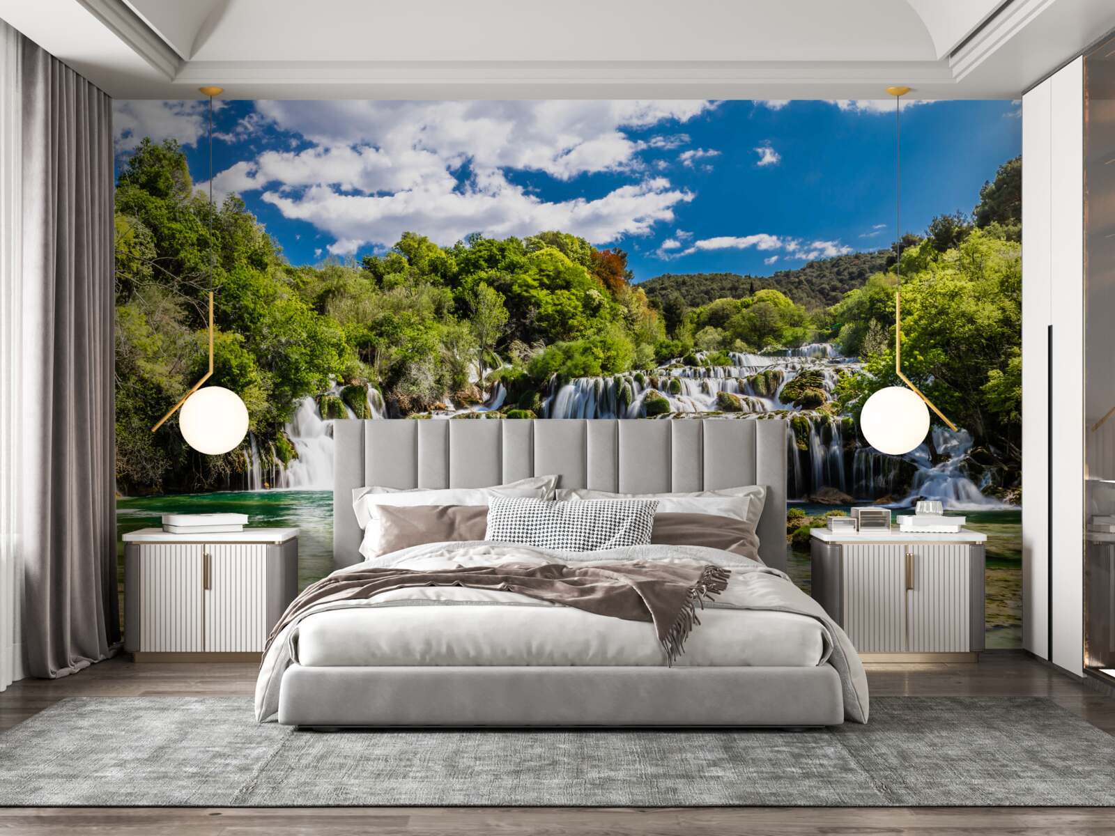 Papier peint chute d'eau en plusieurs cascades avec espaces verts