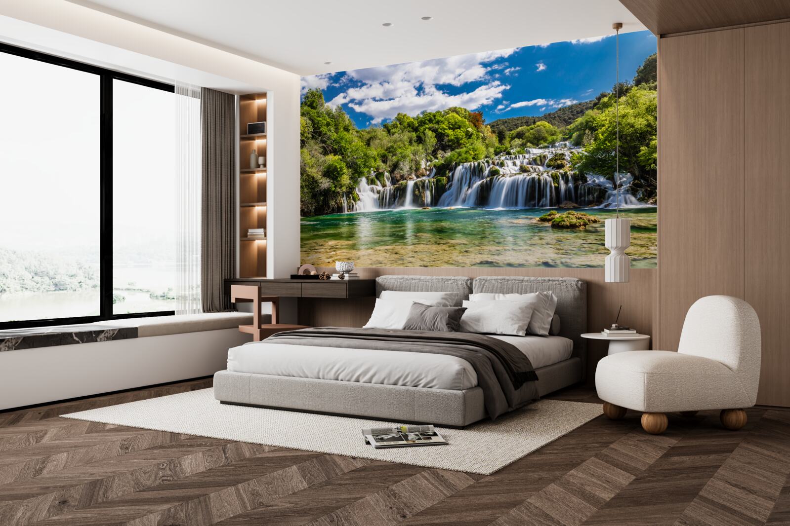 Papier peint chute d'eau en plusieurs cascades avec espaces verts