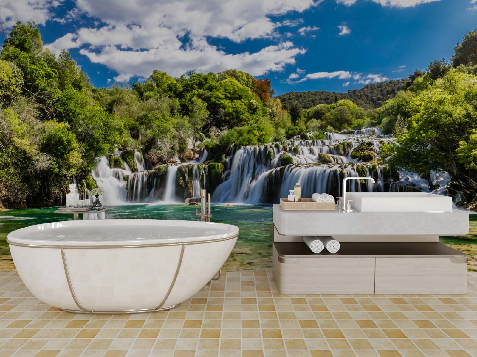 Papier peint chute d'eau en plusieurs cascades avec espaces verts