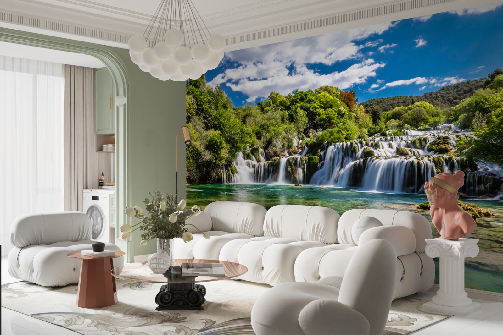 Papier peint chute d'eau en plusieurs cascades avec espaces verts