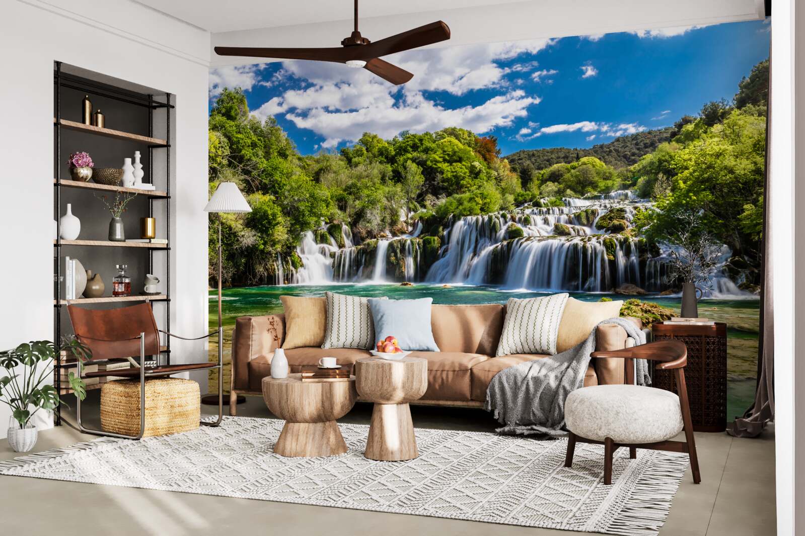 Papier peint chute d'eau en plusieurs cascades avec espaces verts