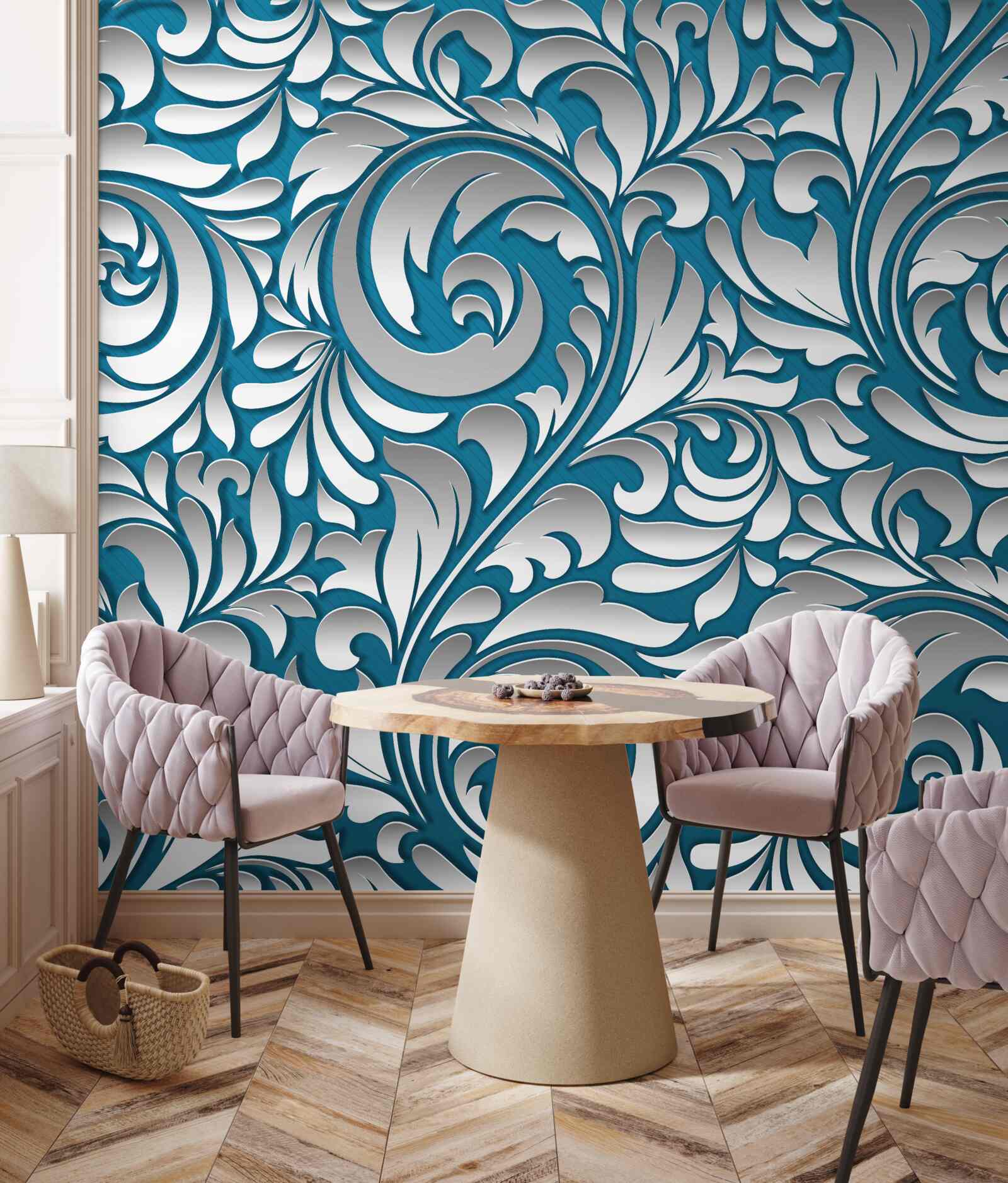 Papier peint structure à motifs dans les tons blanc et bleu