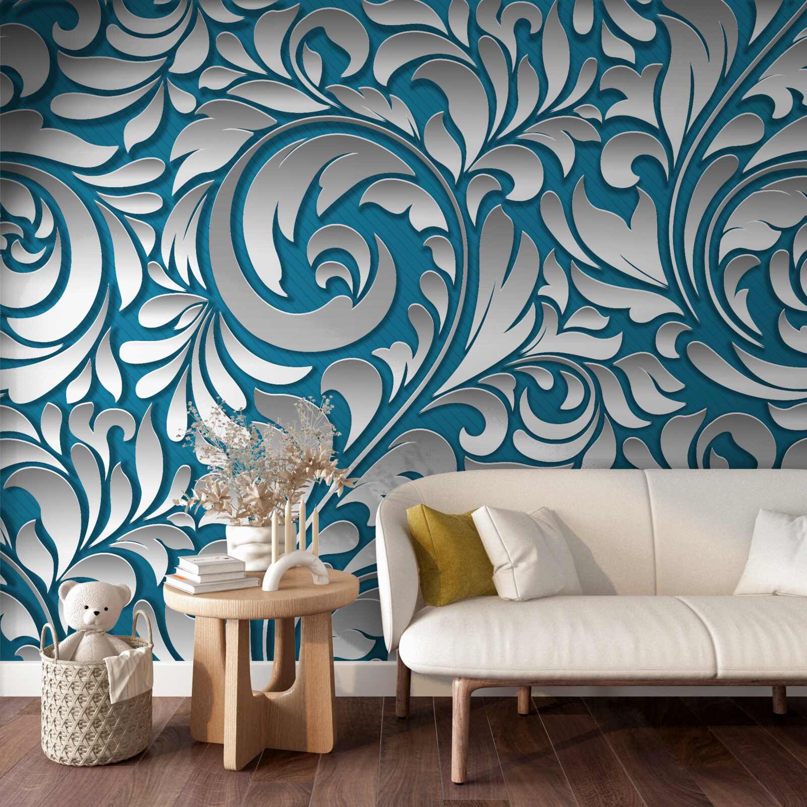 Papier peint structure à motifs dans les tons blanc et bleu