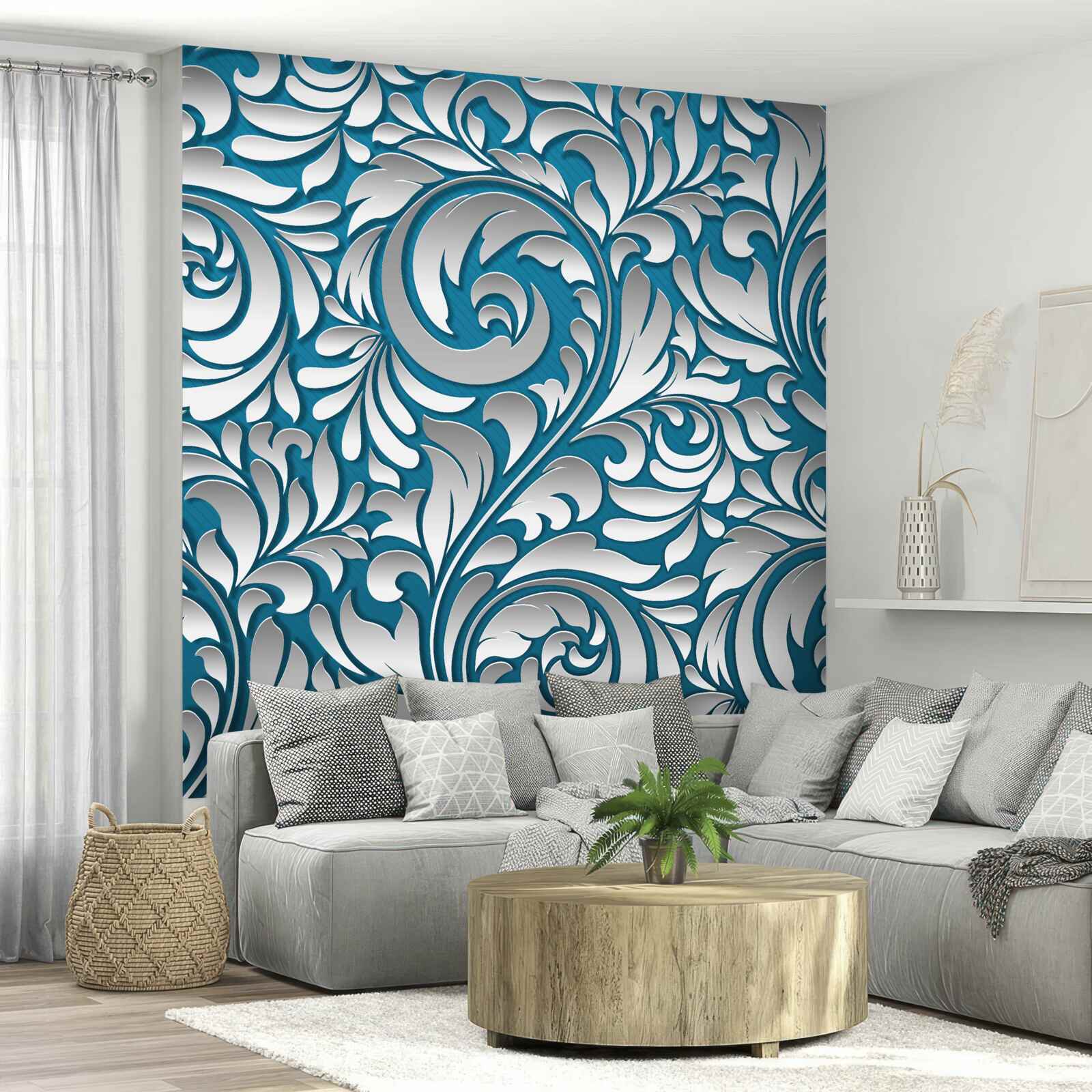 Papier peint structure à motifs dans les tons blanc et bleu