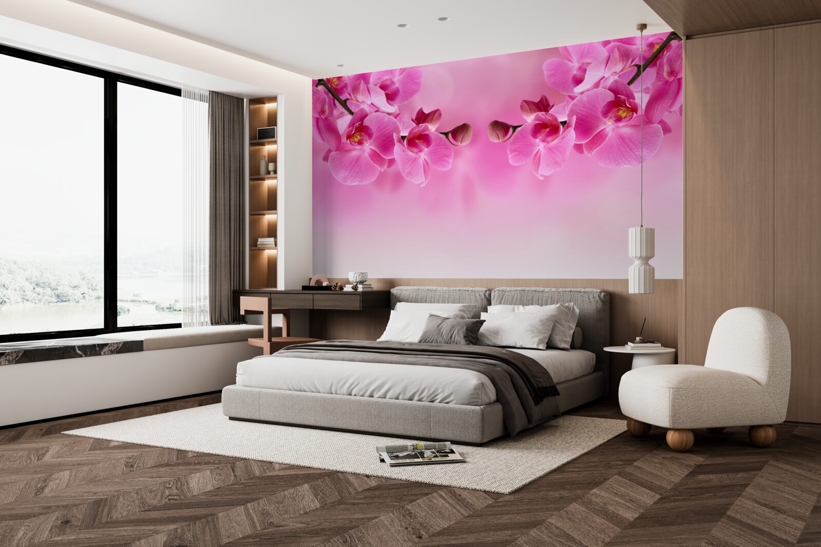 Papier peint branches d'orchidées roses sur fond clair