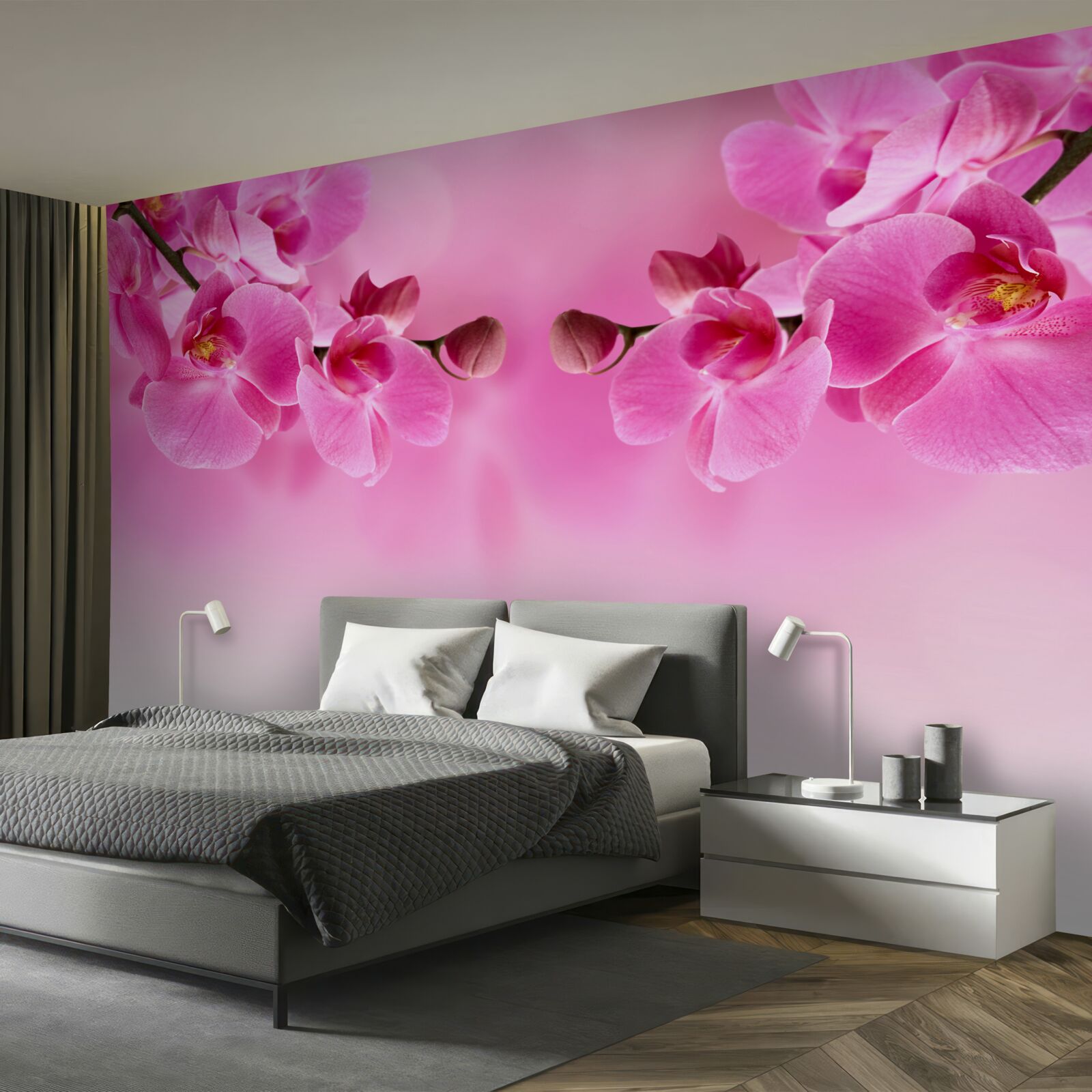 Papier peint branches d'orchidées roses sur fond clair