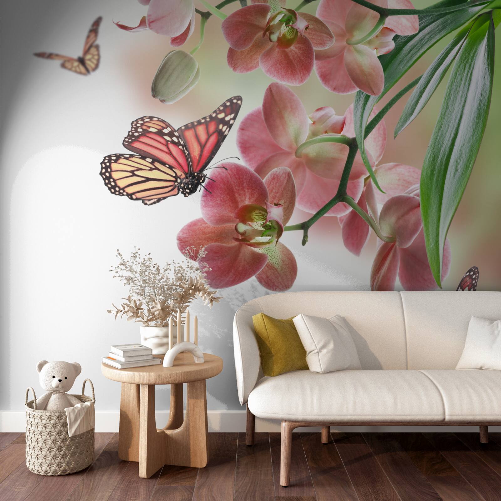 Papier peint papillons survolant des bourgeons en fleurs