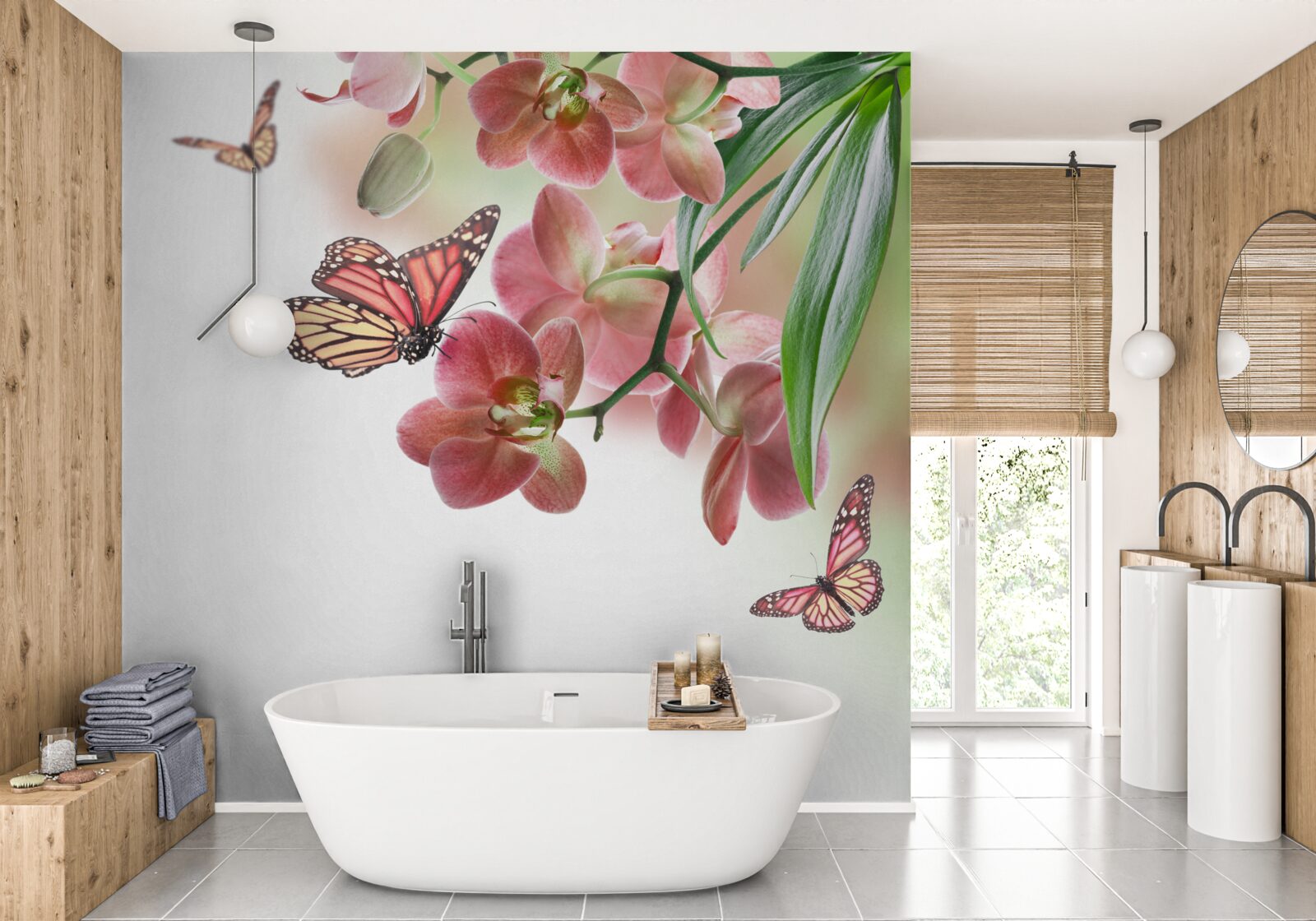 Papier peint papillons survolant des bourgeons en fleurs