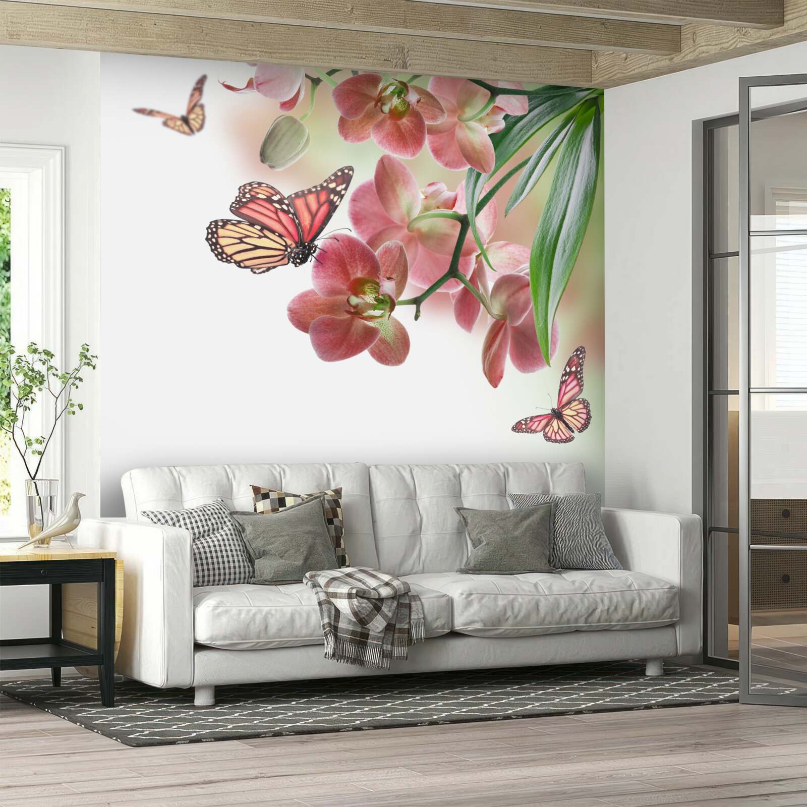 Papier peint papillons survolant des bourgeons en fleurs