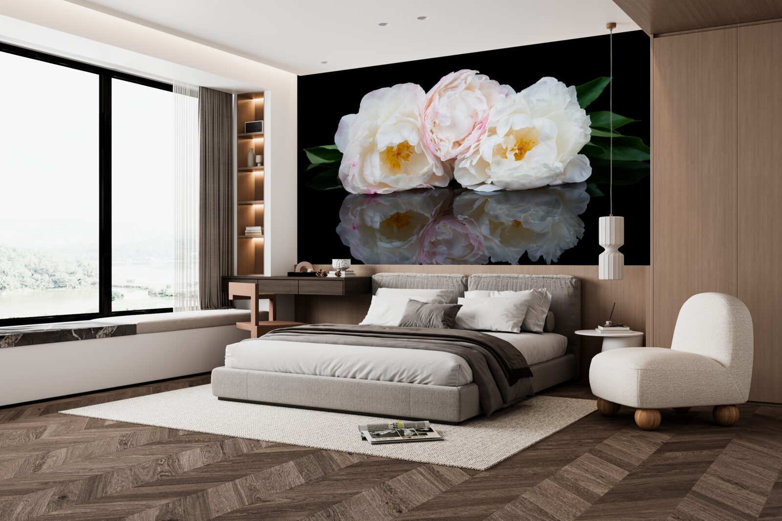 Papier peint bouquet de fleurs blanches se reflétant dans l'eau