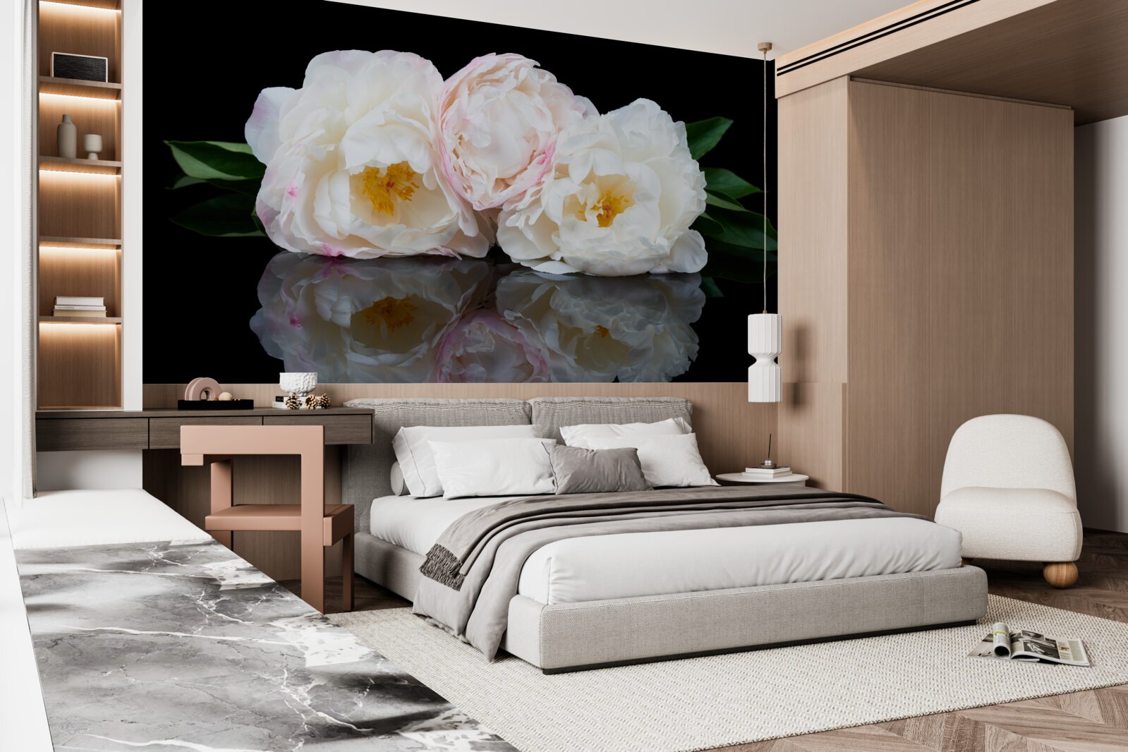 Papier peint bouquet de fleurs blanches se reflétant dans l'eau