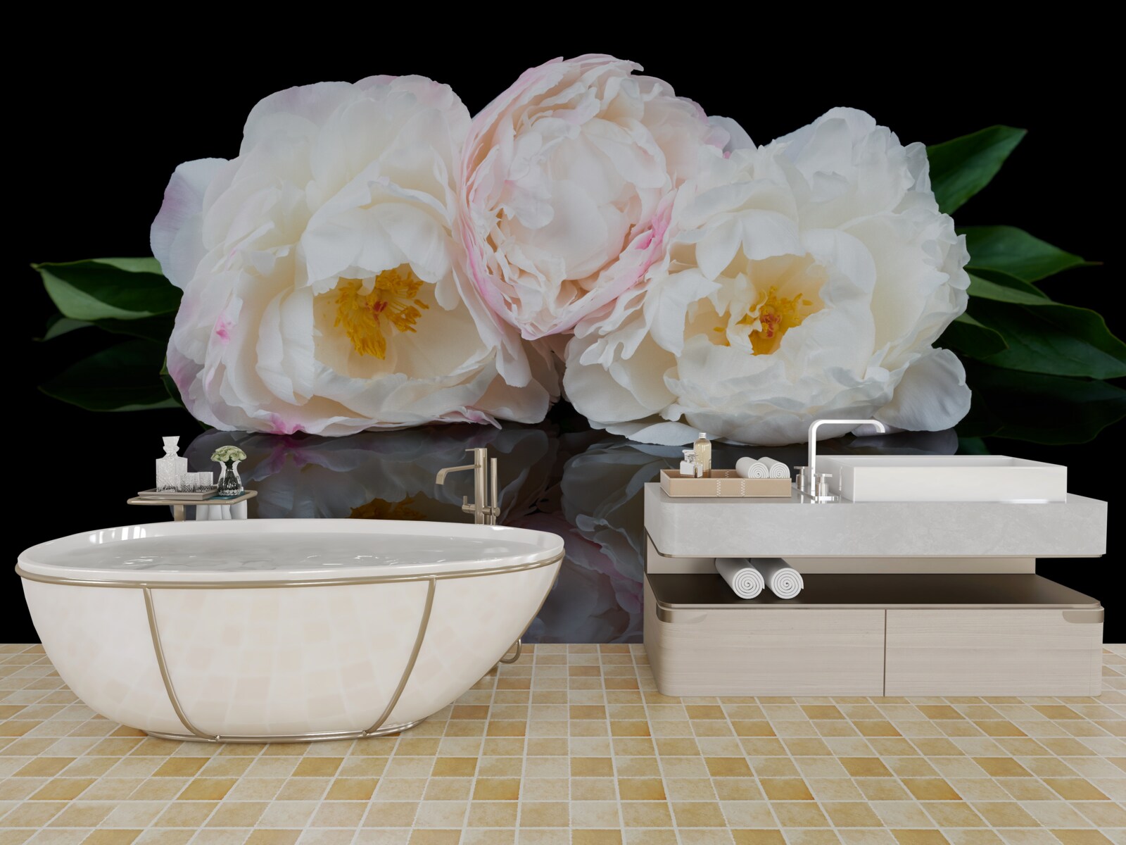 Papier peint bouquet de fleurs blanches se reflétant dans l'eau