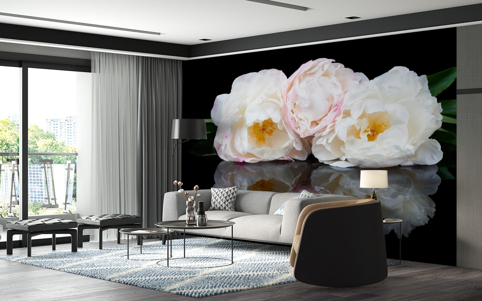 Papier peint bouquet de fleurs blanches se reflétant dans l'eau