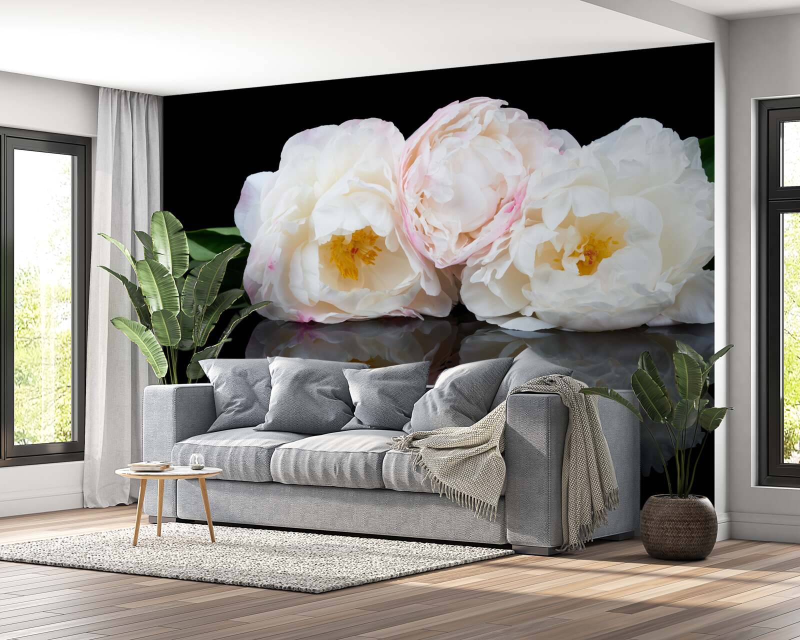 Papier peint bouquet de fleurs blanches se reflétant dans l'eau