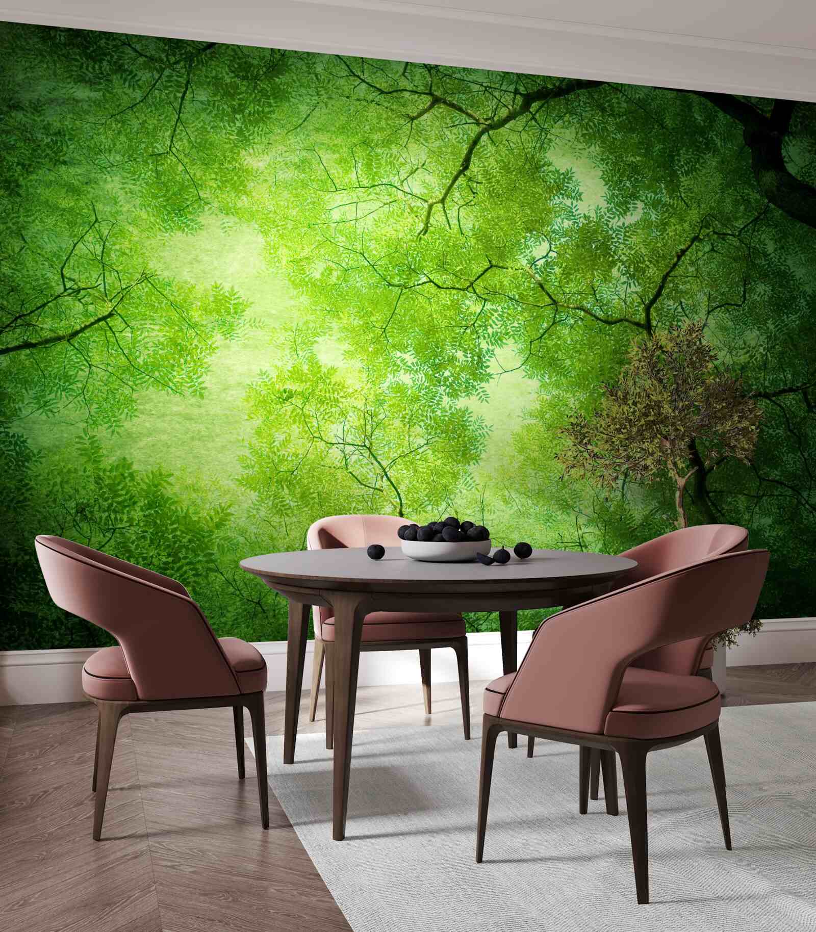 Papier peint un rayon de soleil perce le vert dense de la cime des arbres