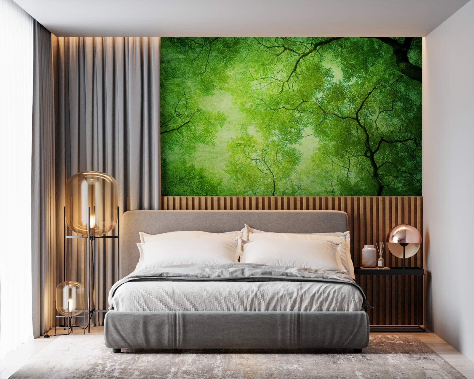 Papier peint un rayon de soleil perce le vert dense de la cime des arbres