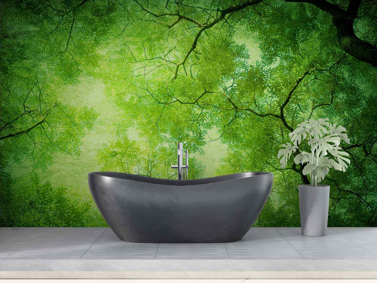 Papier peint un rayon de soleil perce le vert dense de la cime des arbres