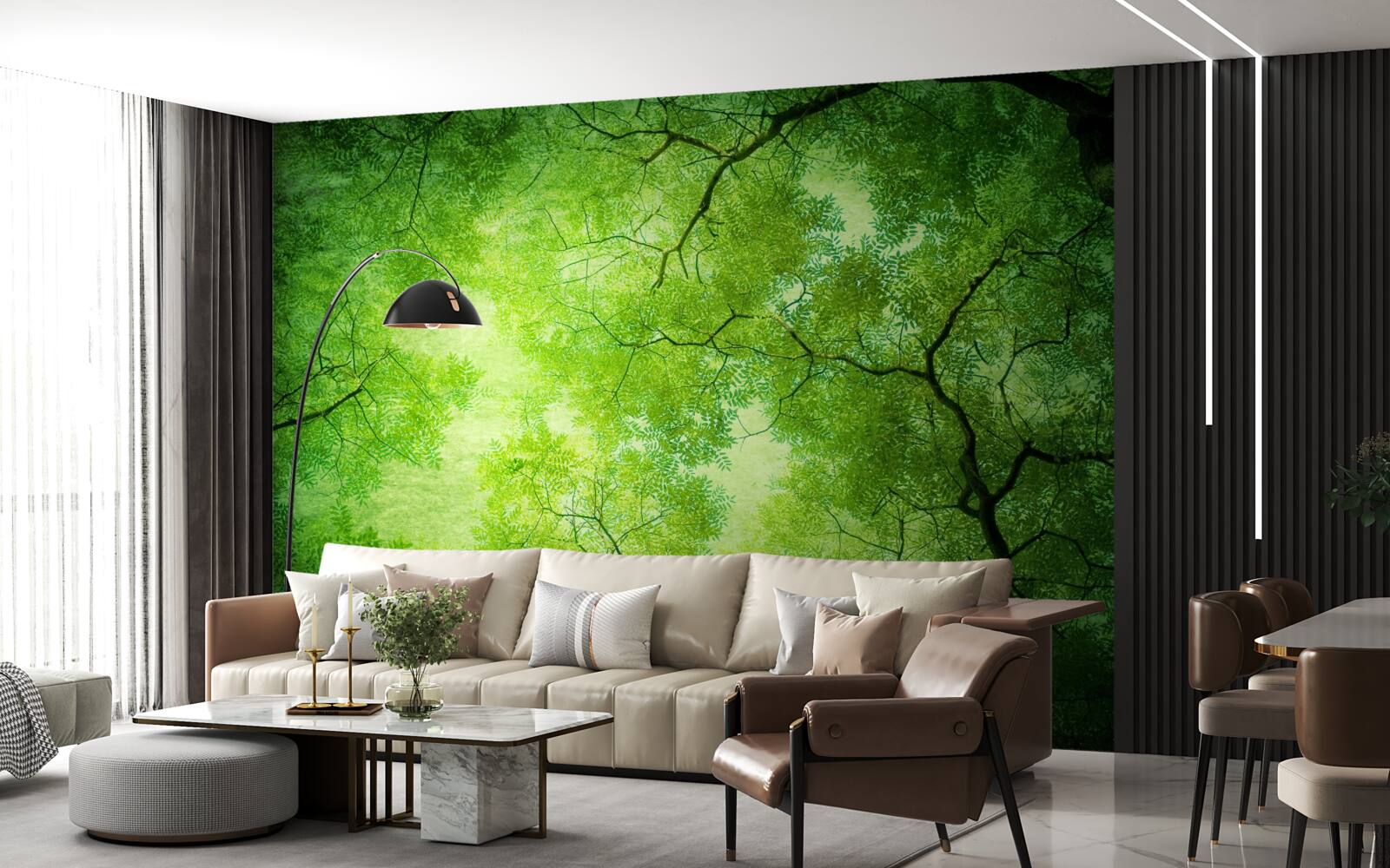 Papier peint un rayon de soleil perce le vert dense de la cime des arbres